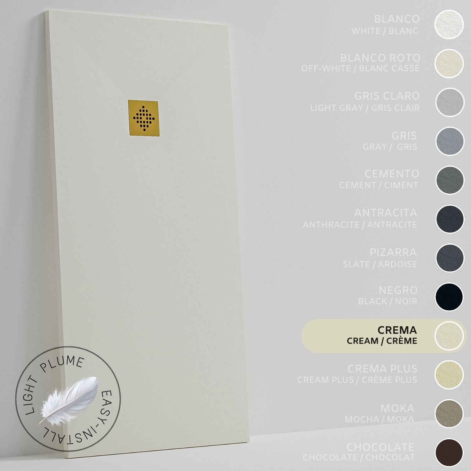 SOULHOME Lekki Brodzik z Żywicy tekstura Łupka kremowy – 80X75- cm Ultra-płaski Zawiera Syfon i Kratkę Gold