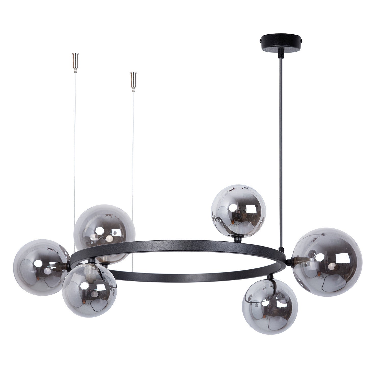 Lampa wisząca żyrandol czarny ring szklane dymione kule do salonu 6xG9 12W BOLERO Sigma Lighting