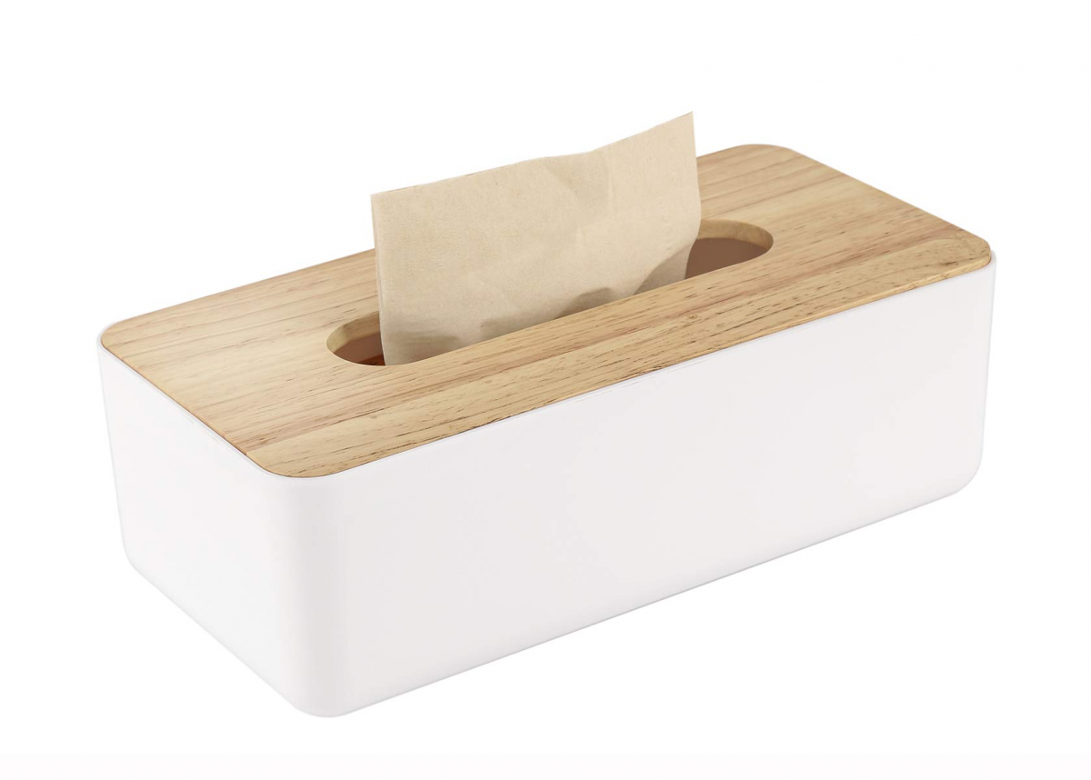 Drewniany i materiałowy dozownik chusteczek 26x13x9 cm, praktyczne pudełko na standardowe chusteczki, organizacja łazienki