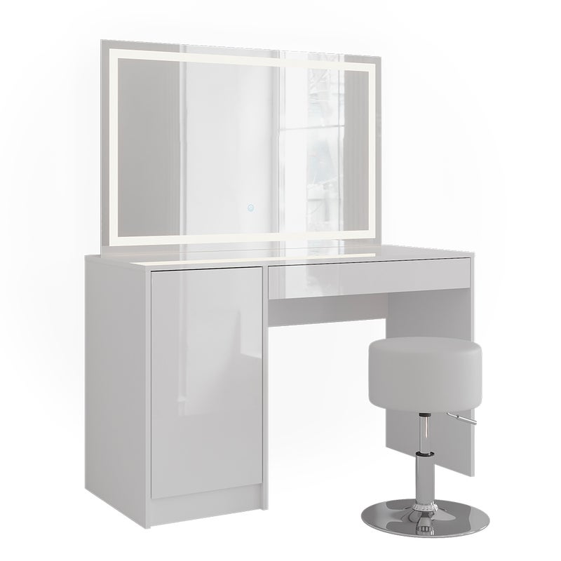 Vicco Stół do toalety Sherry, Biały/Biały wysoki połysk, 119.8 cm z lustrem LED i stołkiem