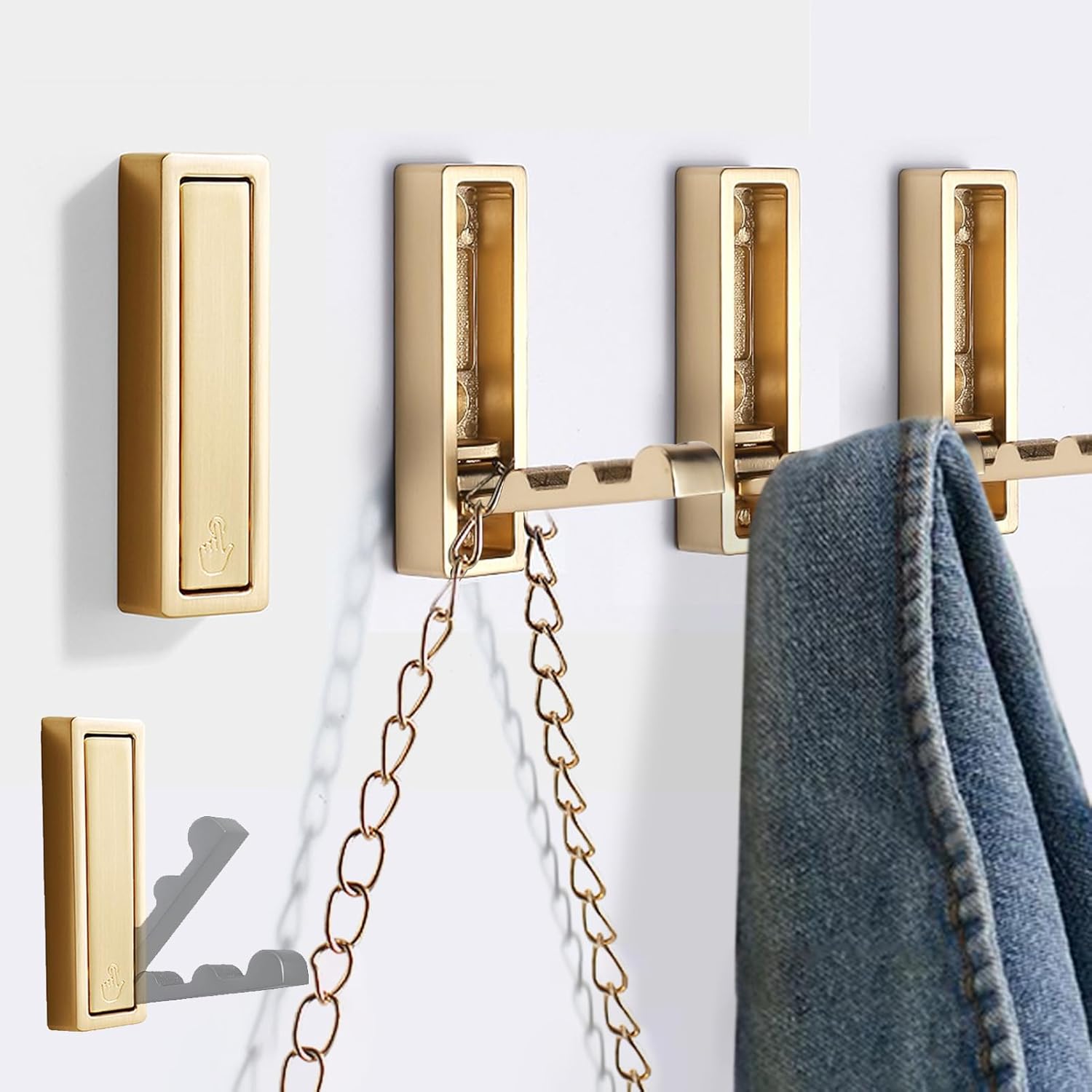 Składane wieszaki ścienne, idealne do łazienek, garderób, przedpokojów, basenów i kuchni.(Złote, zestaw 4 szt.)