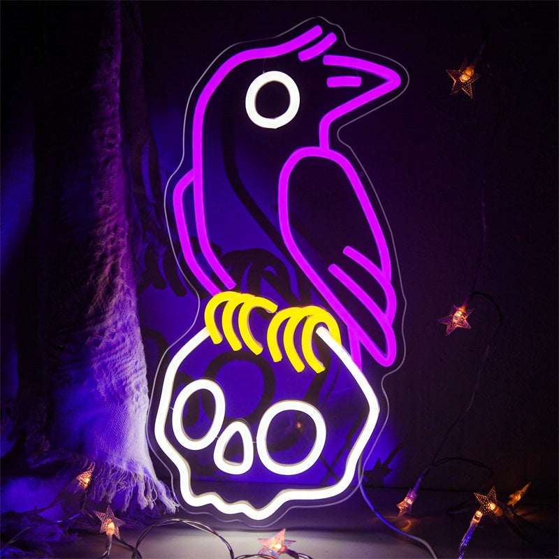 Świecący neon w kształcie czaszki kruka z regulacją jasności, dekoracja ścienna na Halloween, głowa szkieletu, lampa LED do baru piwnego, pokoju gier