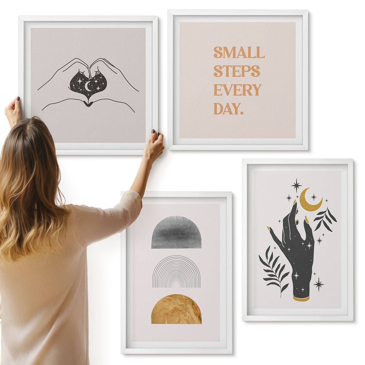 Galeria ścienna 4-częściowy komplet obrazów w białych ramach - Minimalistyczne estetyczne ilustracje boho - ArtPrintCave