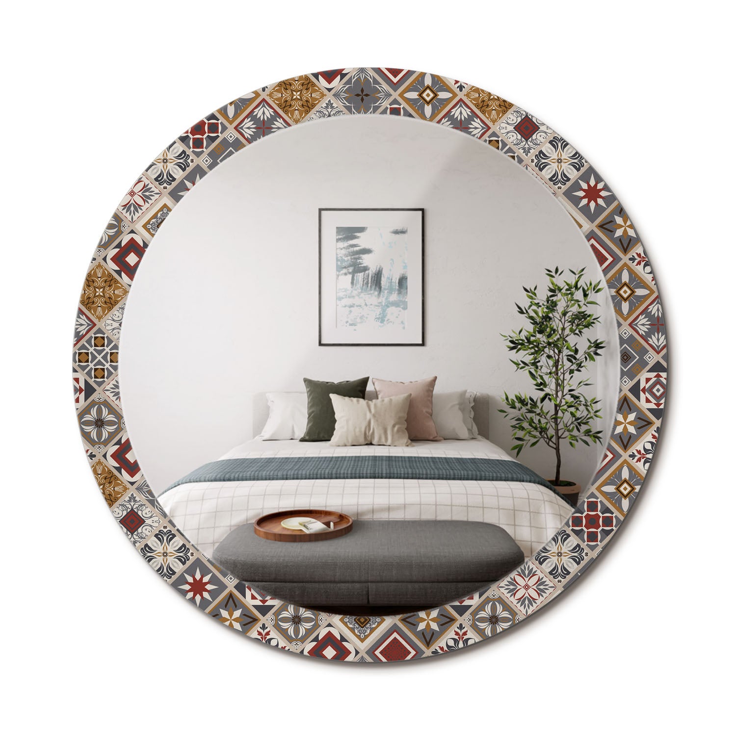 Minimalistyczne lustro ścienne z hartowaną ramą szklaną i wzorem Turecki wzór - 90 cm - ArtPrintCave