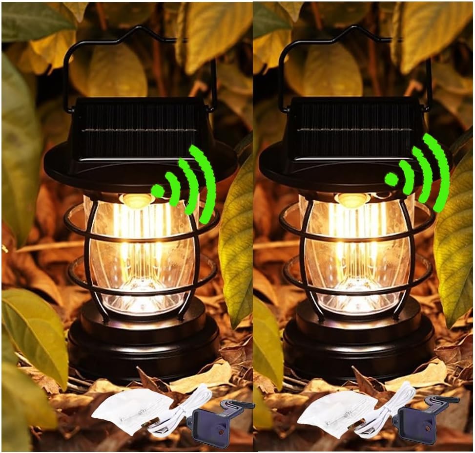 Zestaw 2 zewnętrznych lamp solarnych, przenośnych lamp kempingowych z czujnikiem, czarnych, wodoodpornych lamp ściennych, akumulatorowych i nierdzewny
