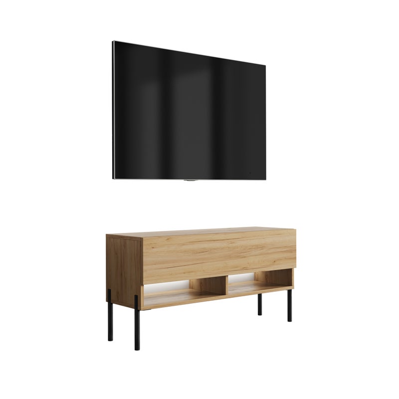 Szafka pod telewizor 100 cm Dąb Craft, nóżki proste czarne, LED biały, 100 × 32 × 52 cm