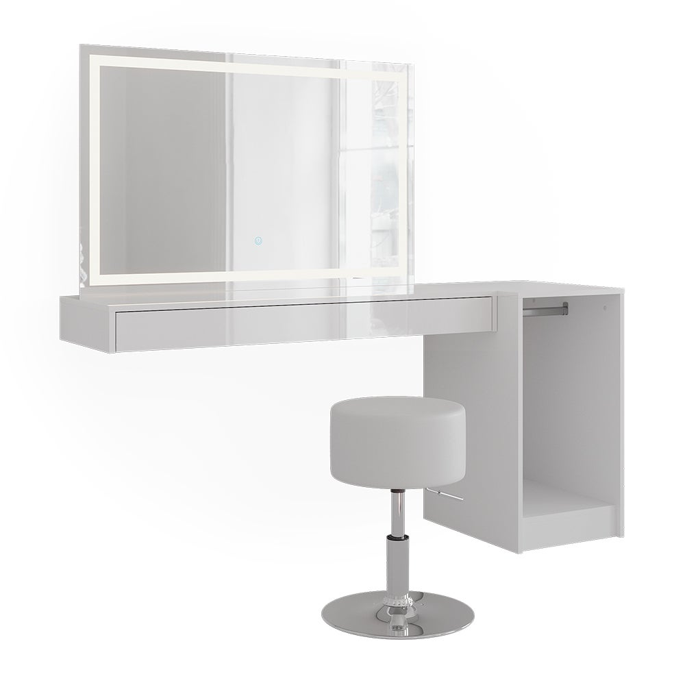 Vicco Stół do toalety Sherry, Biały, 160.2 cm z lustrem LED, taboretem i modułem z drążkiem na ubrania