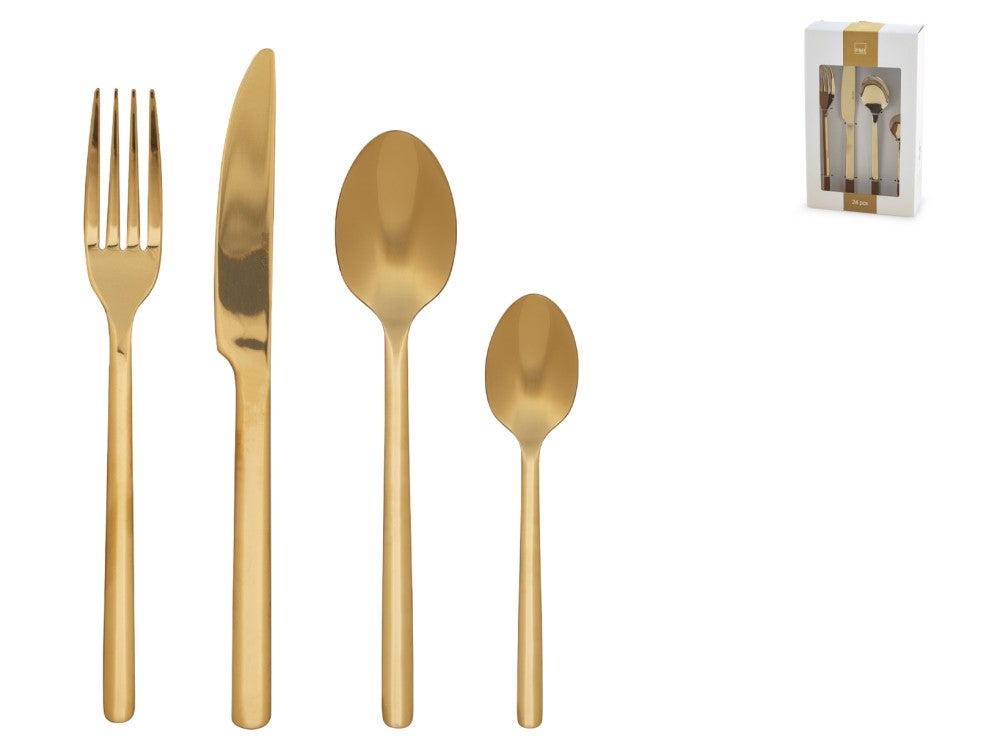 Conjunto de talheres H&H Aurum de 24 peÃ§as em aÃ§o inoxidÃ¡vel dourado polido.