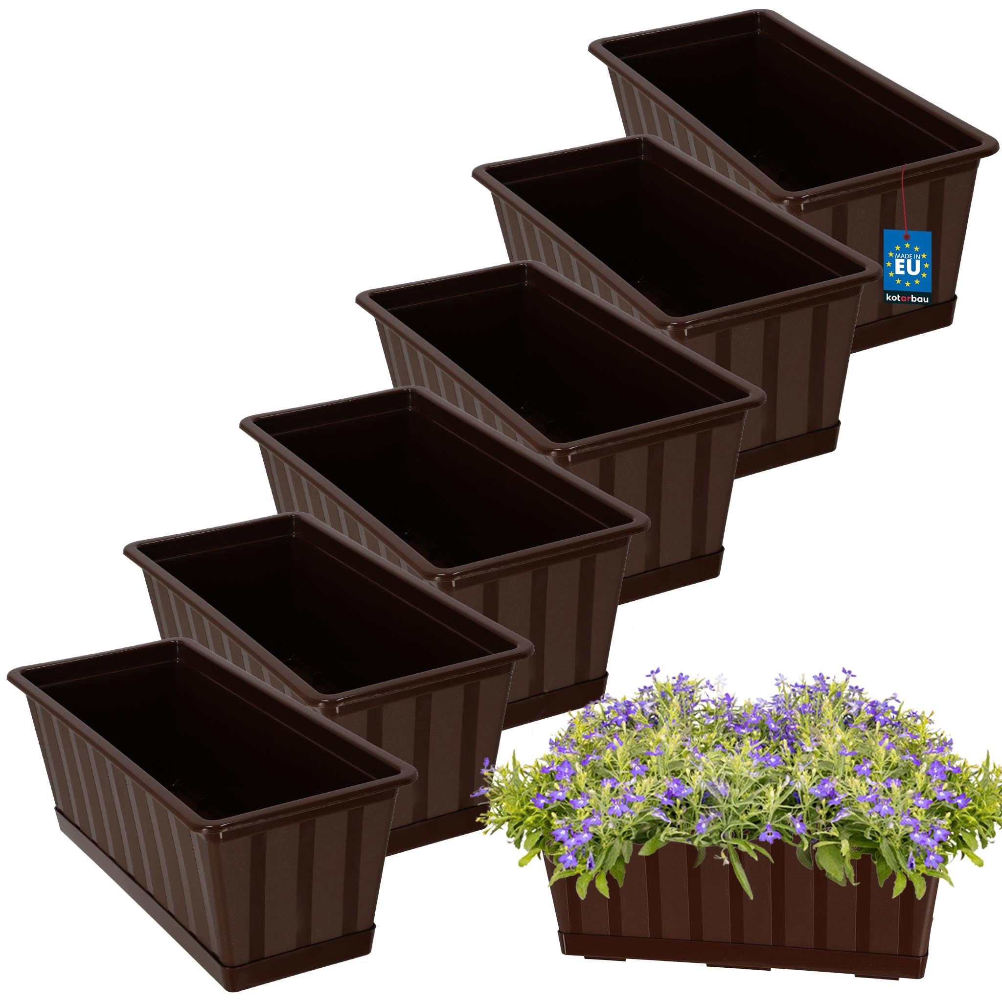 6 szt. Doniczka - Skrzynka Balkonowa - 40 x 18 x 14 cm - Skrzynia na Balustradę Balkon - Donica z Podstawką - Brąz KOTARBAU
