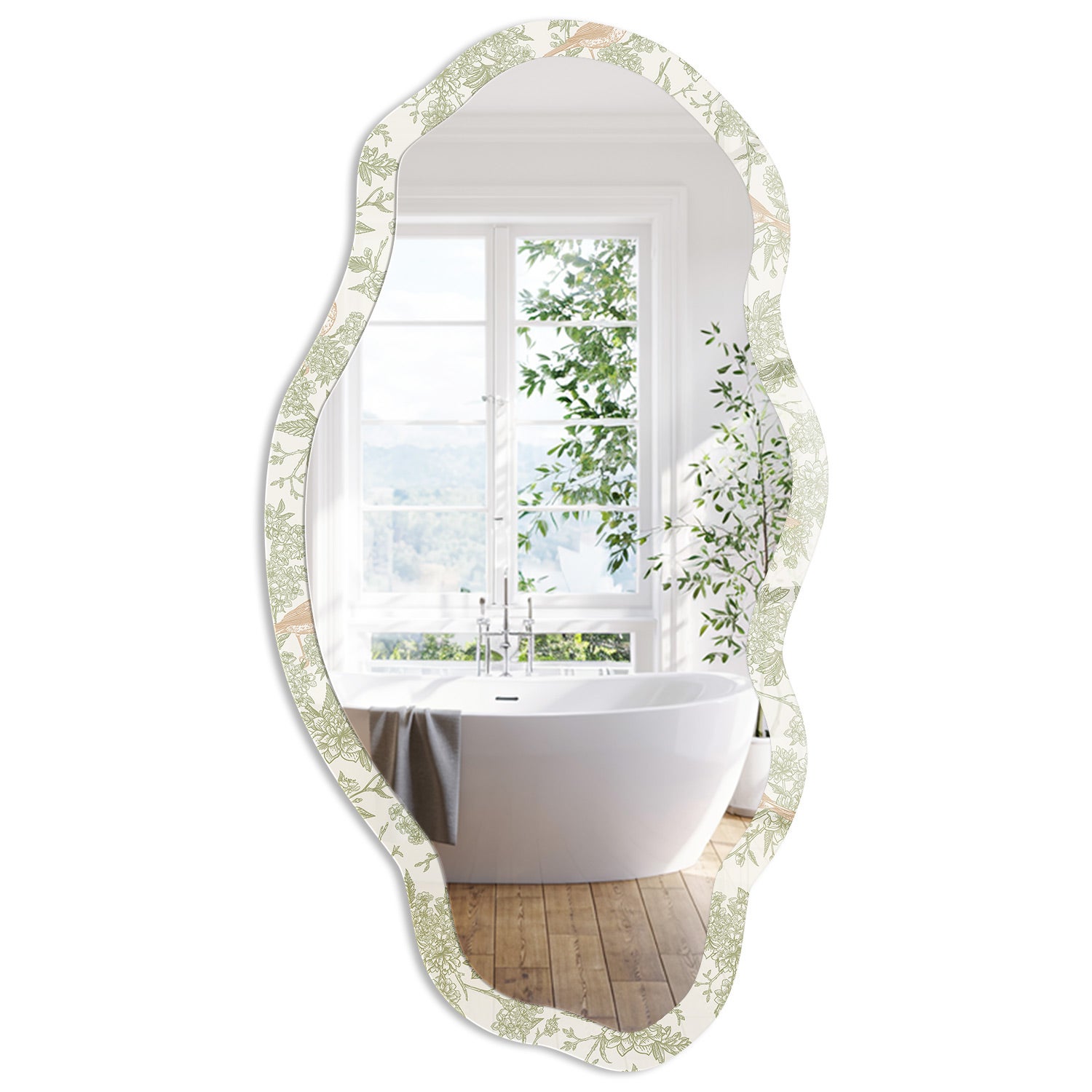 Lustro o Organicznym Kształcie w Szklanej Ramie | Ptaki flora | 52x97 cm | ArtPrintCave