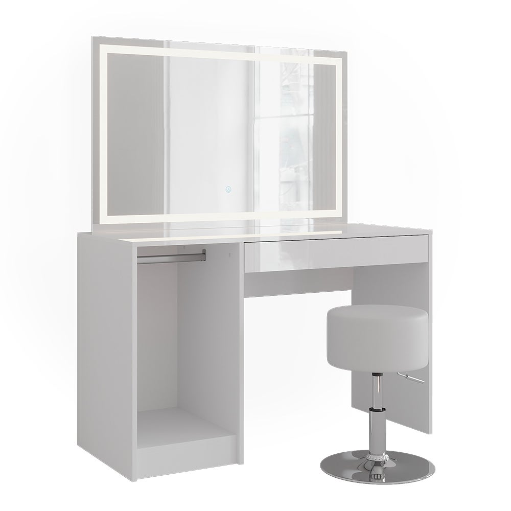 Vicco Stół do toalety Sherry, Biały/Biały wysoki połysk, 119.8 cm z lustrem LED i stołkiem