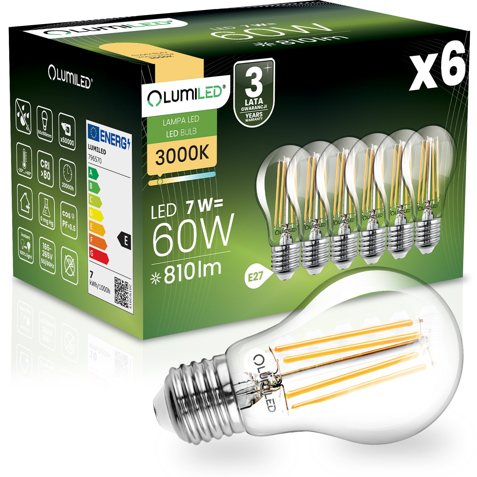 Żarówka LED Lumiled E27 A60 7W 806lm 3000K Ciepła biel 360st Filament 6 szt.