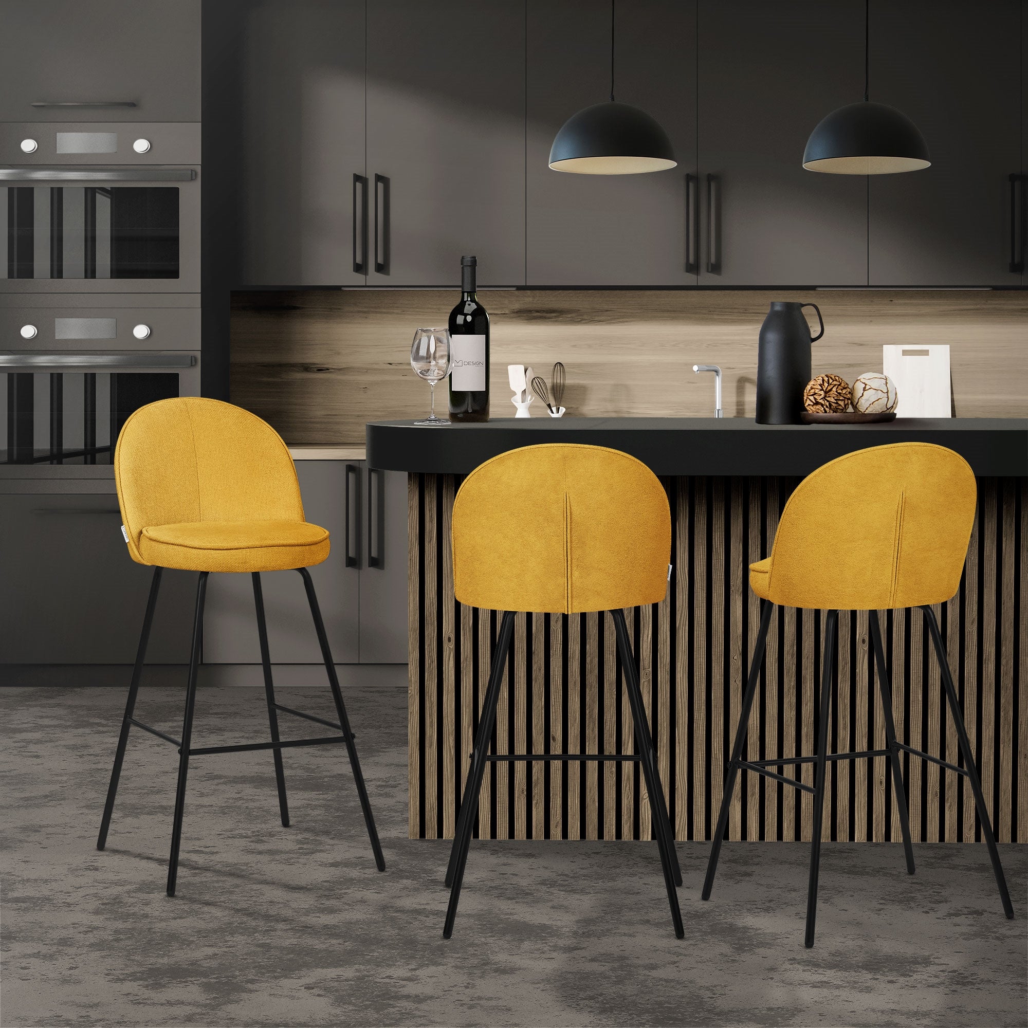ML-Design zestaw 2 hokerów barowych musztarda 75 cm tapicerowanych wygodne ergonomiczne krzesła z oparciem i podnóżkiem metalowa konstrukcja