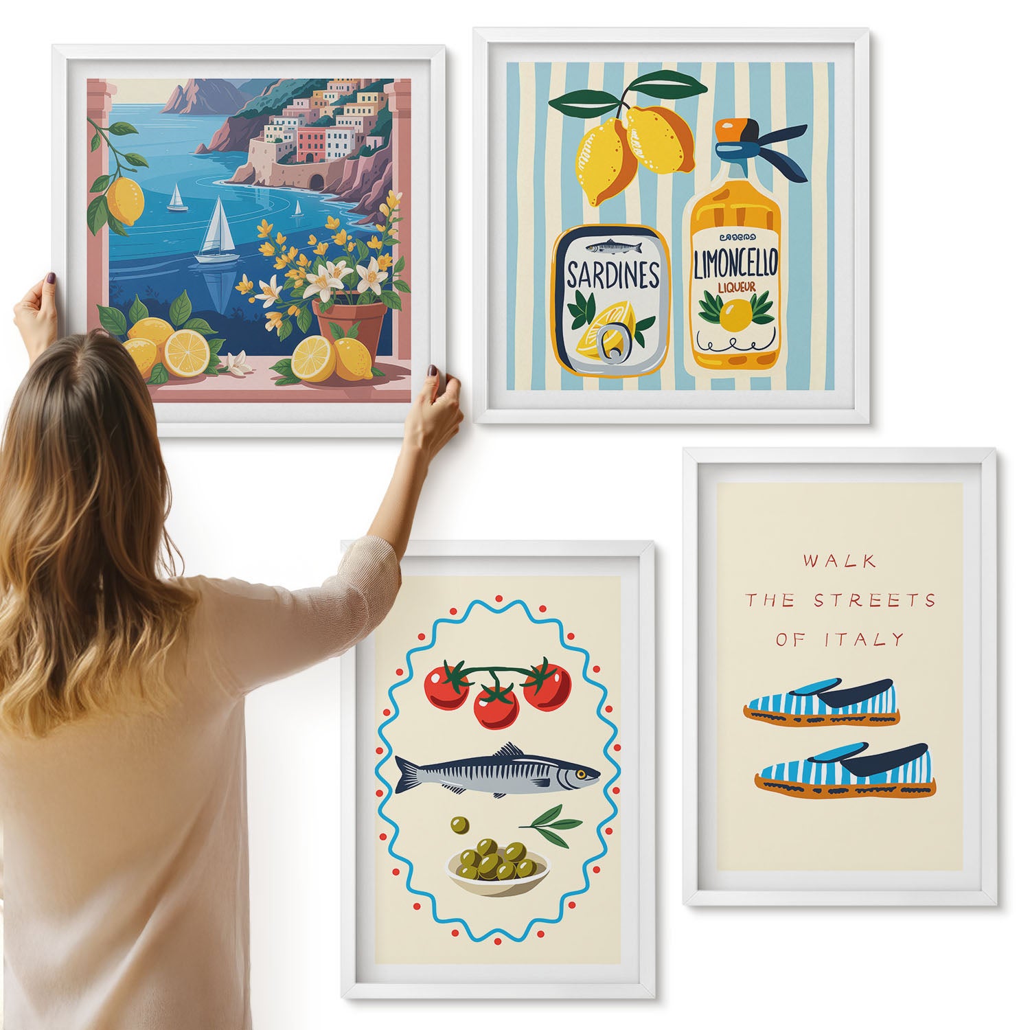 Galeria ścienna 4-częściowy komplet obrazów w białych ramach - Włoskie smaki i styl życia w kolorowych obrazach - ArtPrintCave