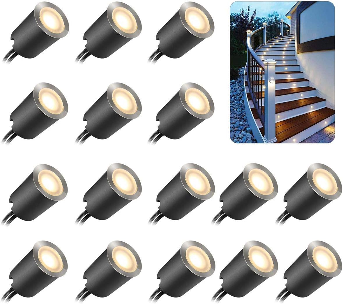 Zestaw 16 wpuszczanych reflektorów zewnętrznych LED, IP67, wodoodporny, Ø 32 mm, drewniane reflektory zewnętrzne LED (z wtyczką EU) (16 ciepłych biały