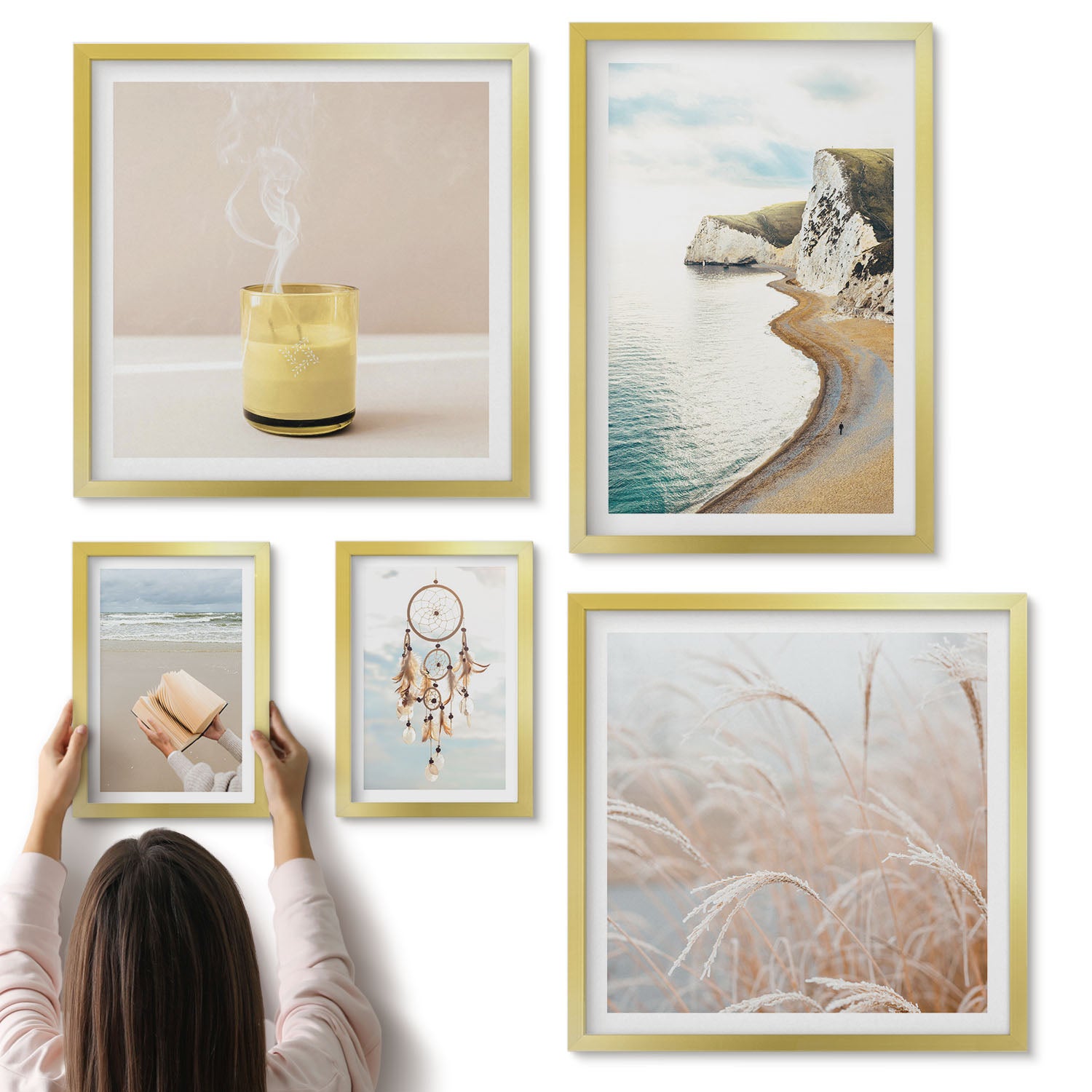 Galeria ścienna 5-częściowy komplet obrazów w złotych ramach - Relaksujące motywy natury z książką i marzeniami - ArtPrintCave