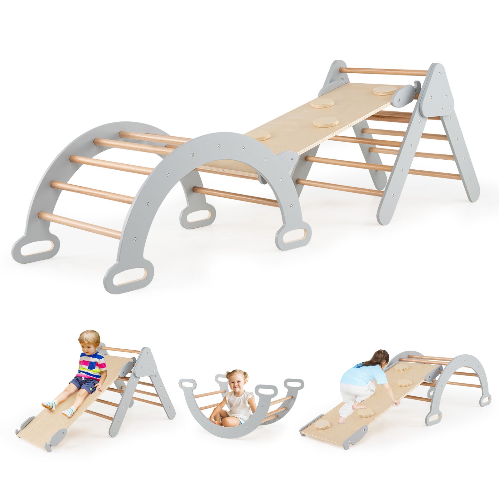 7 w 1 Trójkąt wspinaczkowy Montessori dla dzieci z rampą, drewnianą konstrukcją wspinaczkową z namiotem, huśtawką i drabinką, nośność 50 kg, szary