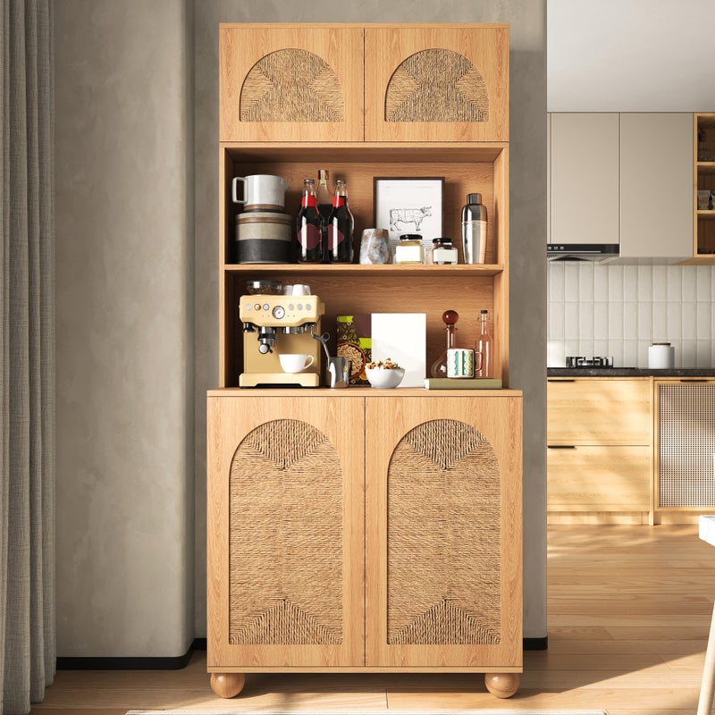 Wysoka komoda z 4 drzwiami plecionymi i otwartą półką centralną - Płyta wiórowa + MDF - 80 × 40 × 180 cm - Drewno naturalne