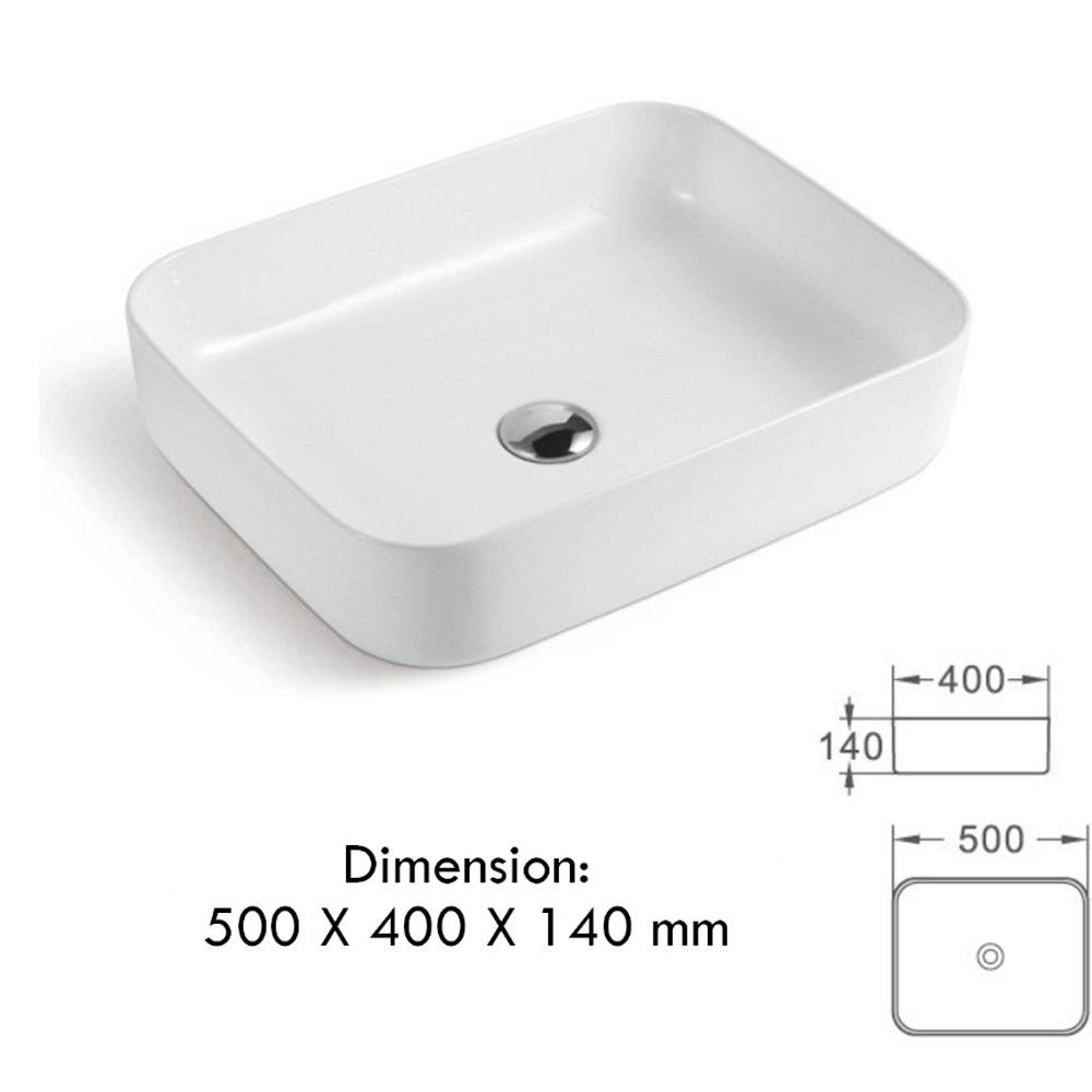 Umywalka ceramiczna nablatowa prostokątna z otworem Biała z przelewem i syfonem 500x400x140mm