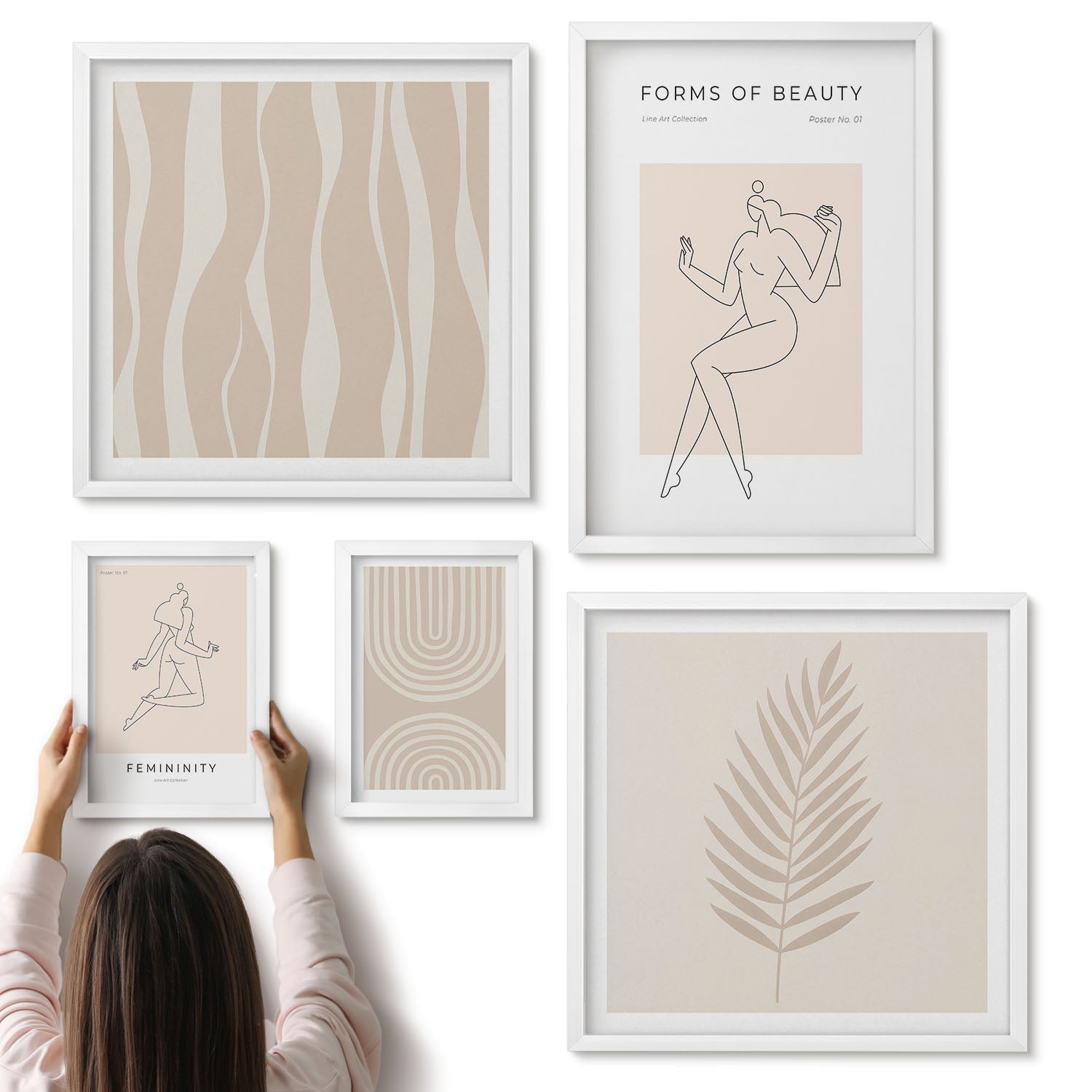 Galeria ścienna 5-częściowy komplet obrazów w białych ramach - Formy piękna minimalistyczne motywy i linie dekoracyjne - ArtPrintCave