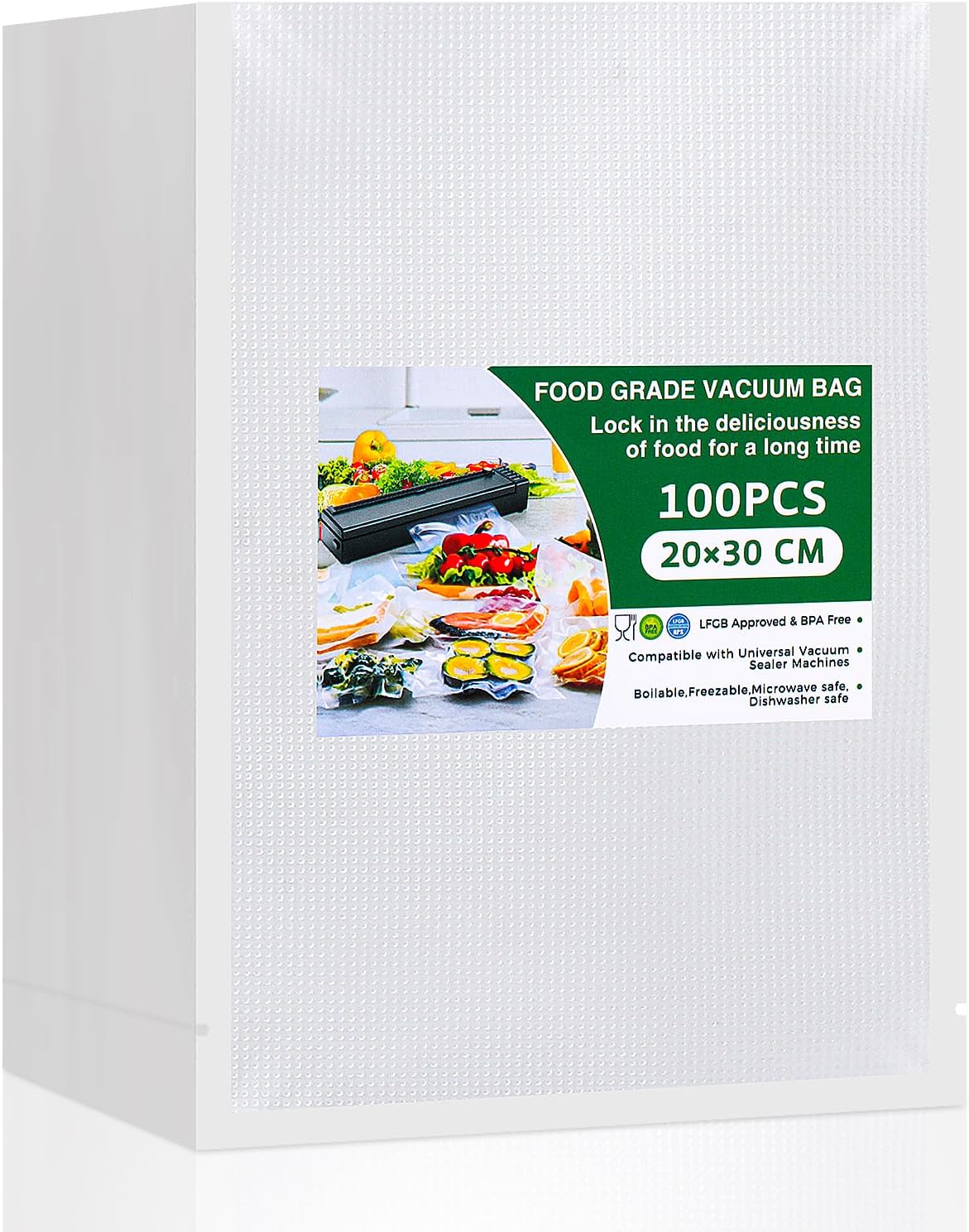 100 torebek próżniowych 20 x 30 cm do maszyn do pakowania próżniowego żywności i gotowania, wytłaczane torebki próżniowe