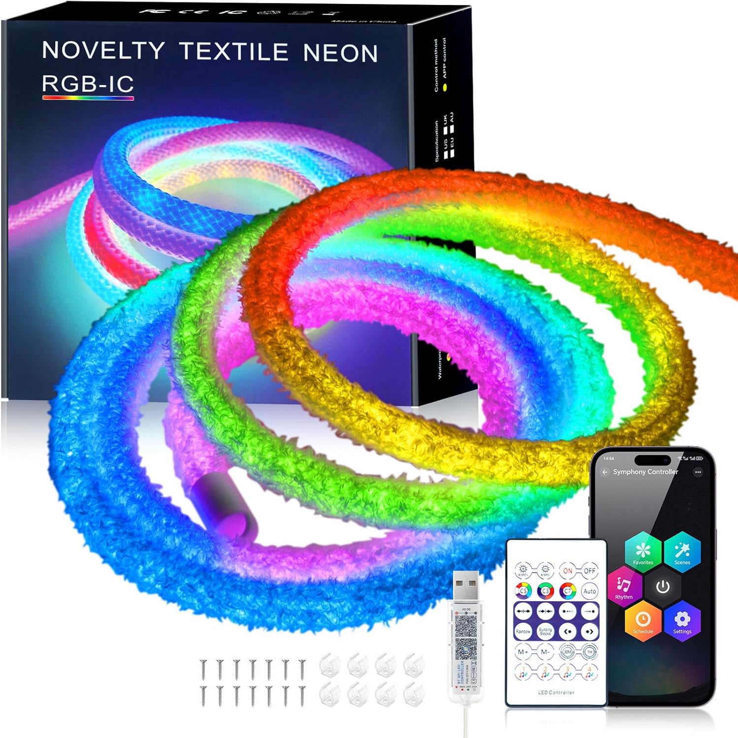 Taśma LED Neon RGBIC Welur 360 Stopni, Sterowanie Bluetooth Muzyka USB 5V 24 Dotknięcia, Łatwa w Instalacji 4M
