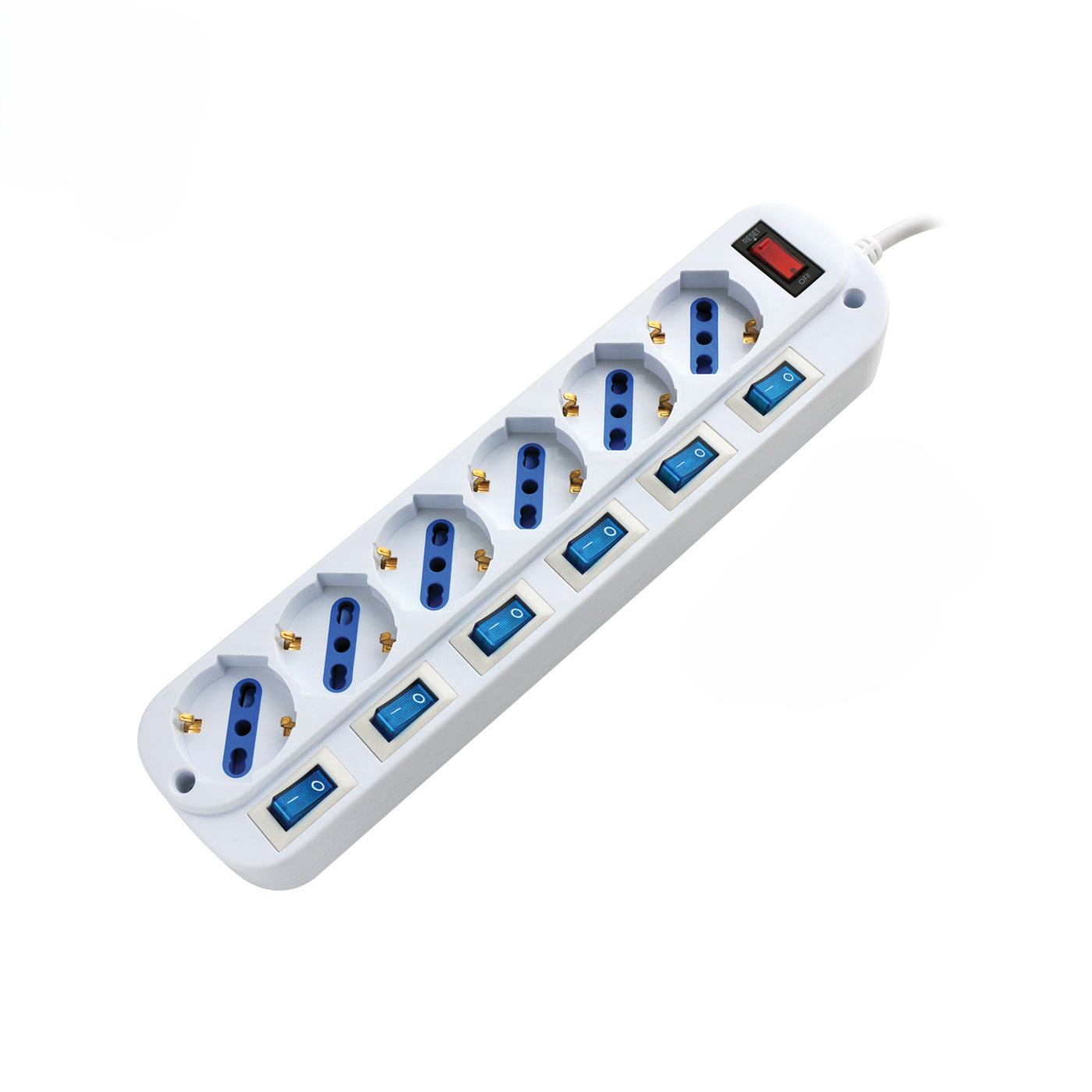 Alcapower Listwa zasilająca 6 gniazd Schuko/Bipasso, niezależne przełączniki, kabel 1,5m, max 3500W, wtyczka 16A Włochy 90 stopni