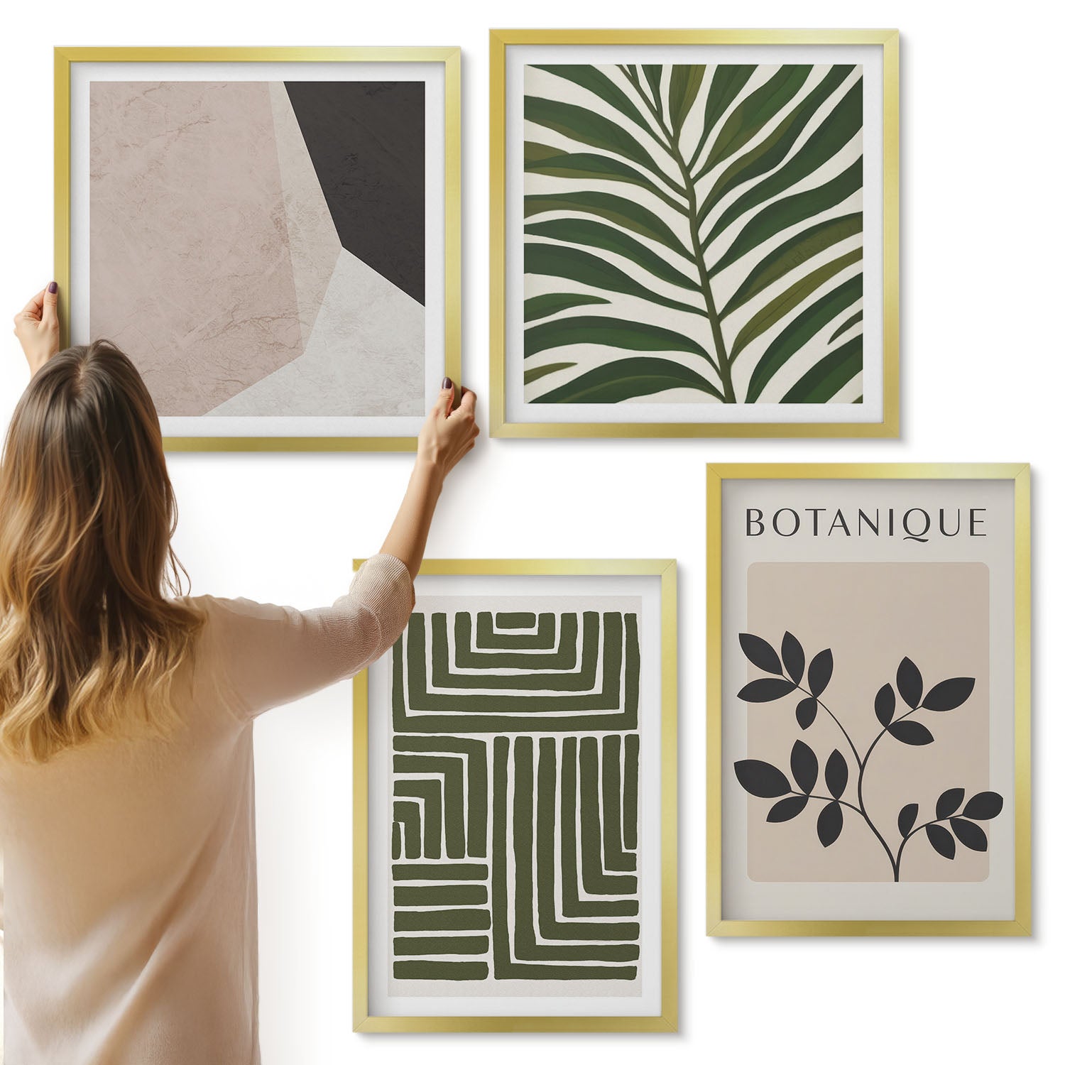 Galeria ścienna 4-częściowy komplet obrazów w złotych ramach - Botaniczne kompozycje w stylu boho minimalizm - ArtPrintCave