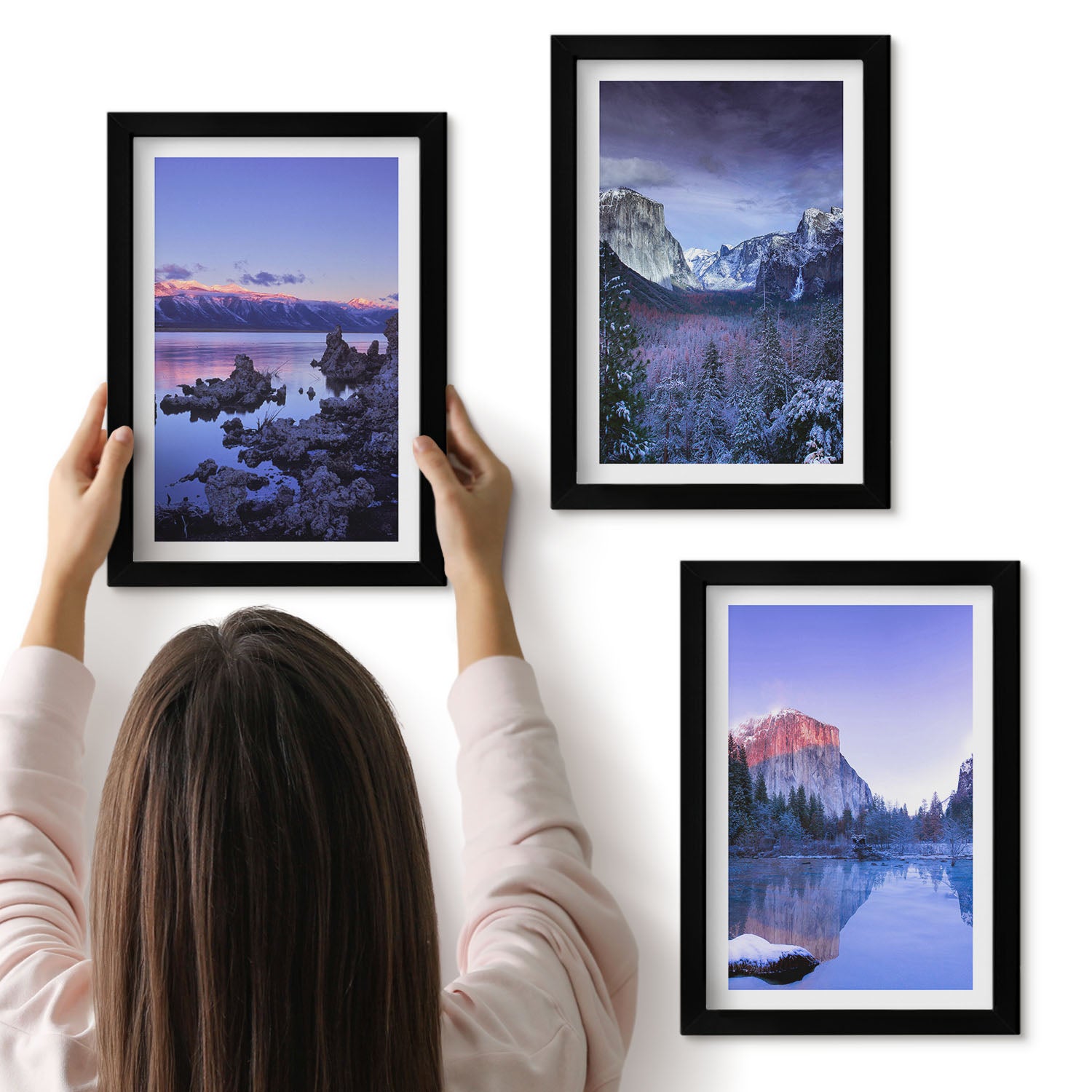 Galeria ścienna 3-częściowy komplet obrazów w czarnych ramach - Górskie pejzaże o zmierzchu widoki na wodę - ArtPrintCave