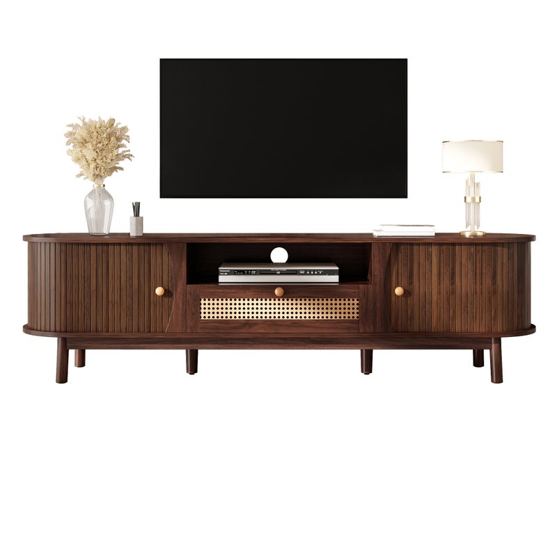 Nowoczesna szafka RTV z 2 drzwiami przesuwnymi, 1 szufladą z rattanu i 1 przegrodą - 165 x 37 x 46 cm - MDF - do salonu - orzech
