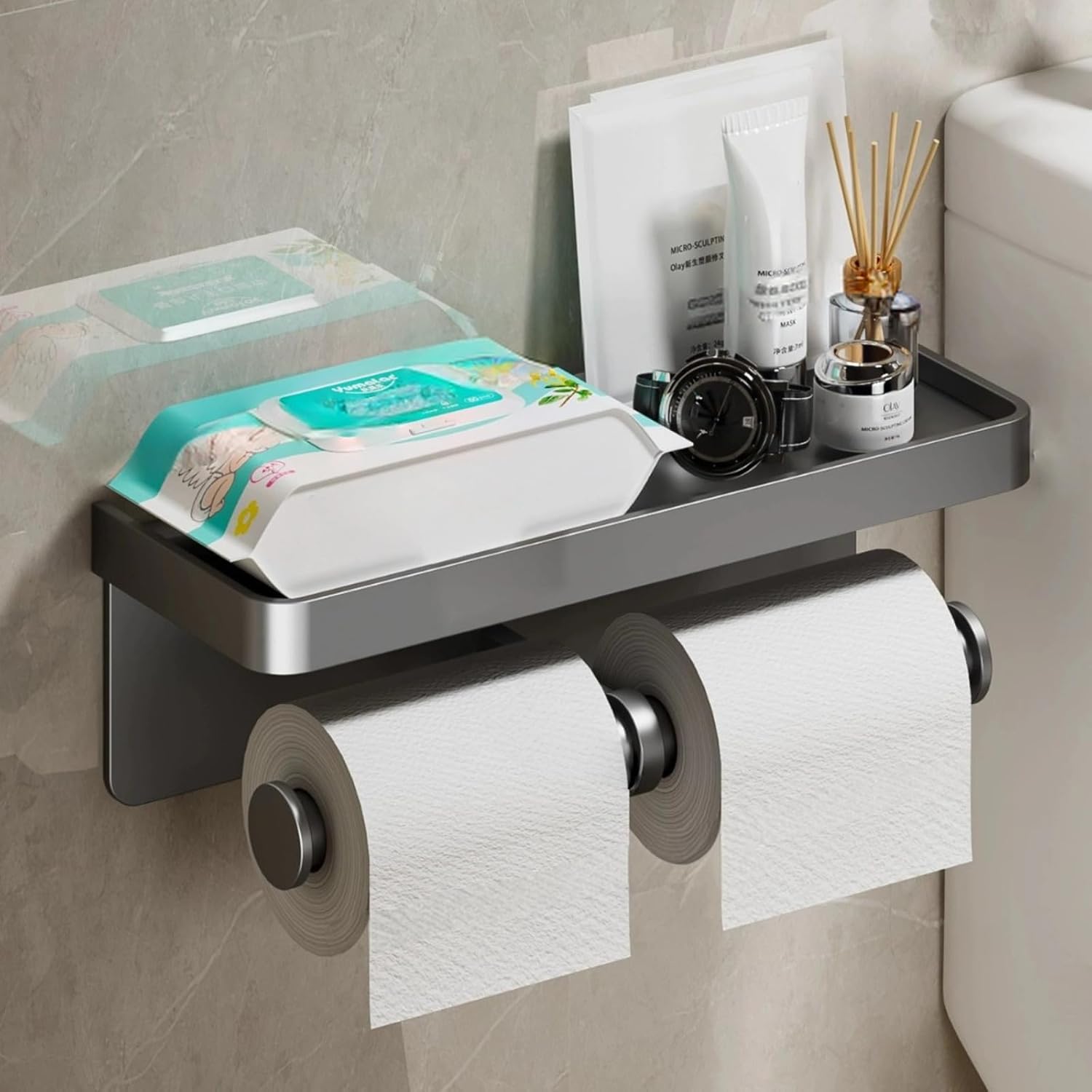 Uchwyt na papier toaletowy z półką, uchwyt ścienny na dwie rolki papieru toaletowego, aluminiowy uchwyt ścienny do łazienki i kuchni