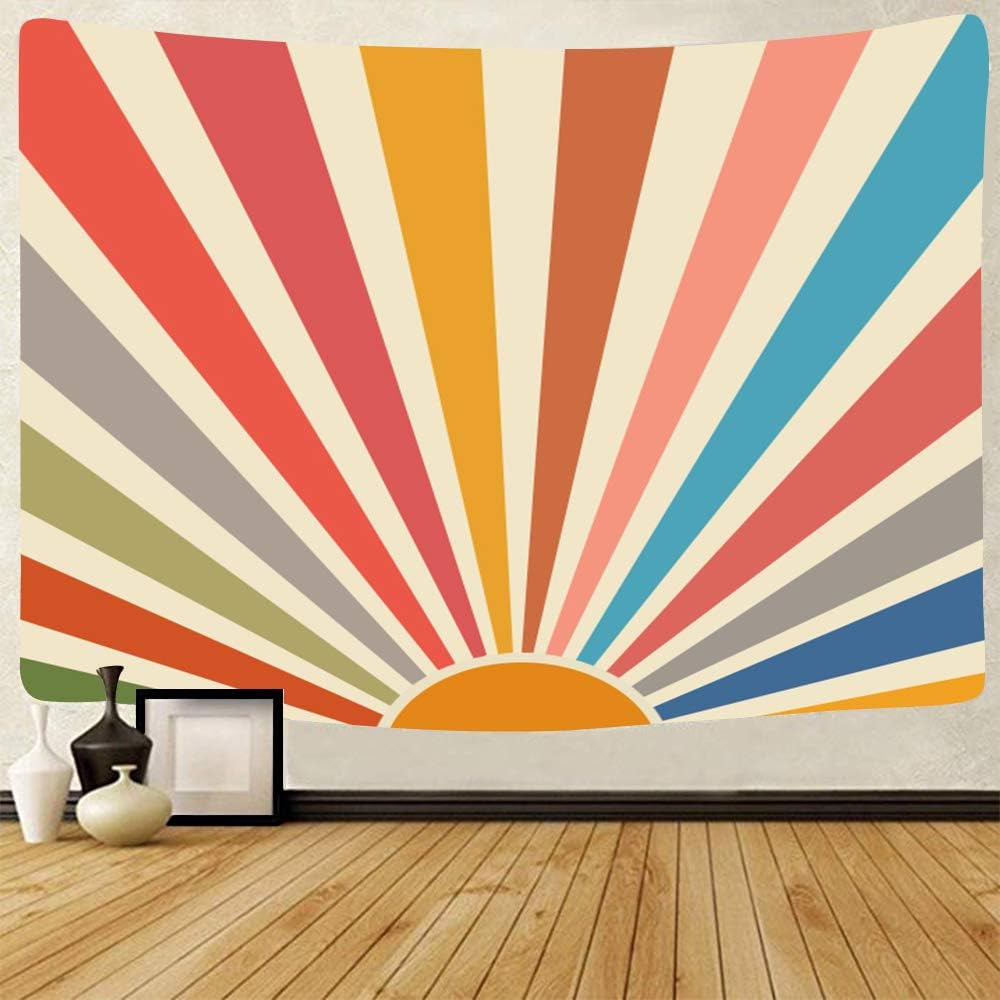 Gobelin ścienny w stylu vintage, bohemy, do zawieszenia, retro lata 70., tęcza, wschód słońca, zachód słońca, geometryczny (130 x 140 cm)