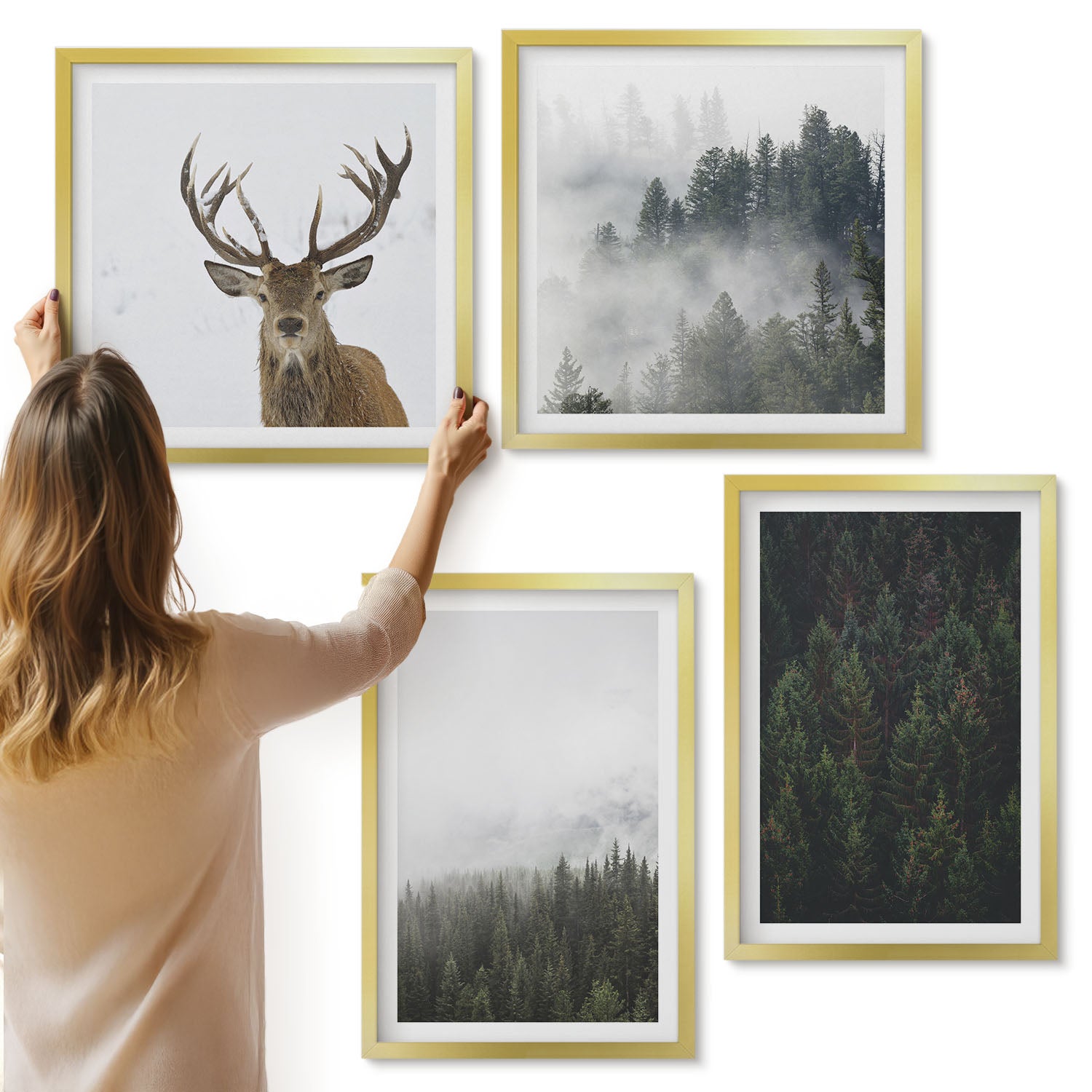 Galeria ścienna 4-częściowy komplet obrazów w złotych ramach - Zielone lasy w mglistym otoczeniu natury - ArtPrintCave