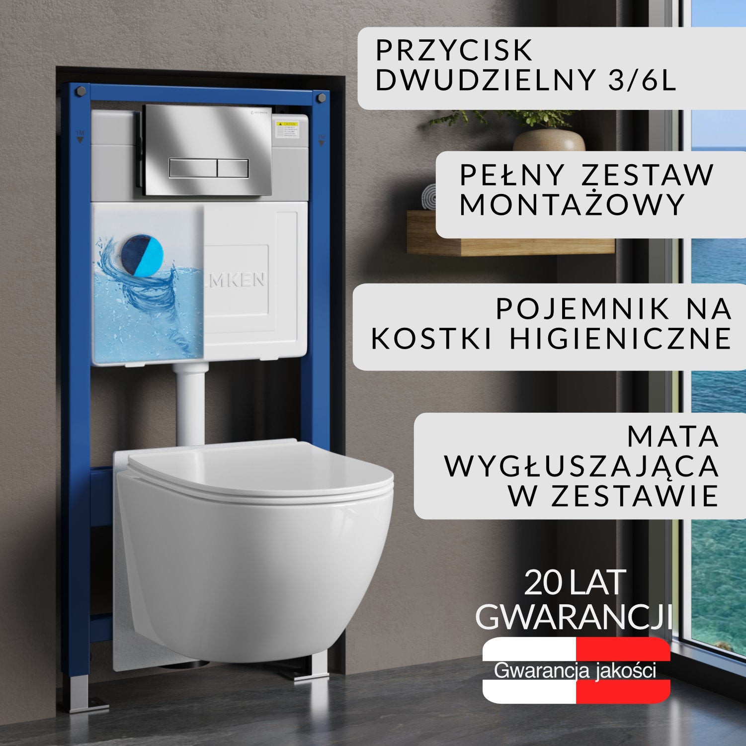 Zestaw podtynkowy WC Helmken 6w1: Stelaż, Chrom (HD) Przycisk, Miska bezkołnierzowa Rimless 35103001, Deska wolnoopadająca, Pojemnik na kostki, Mata
