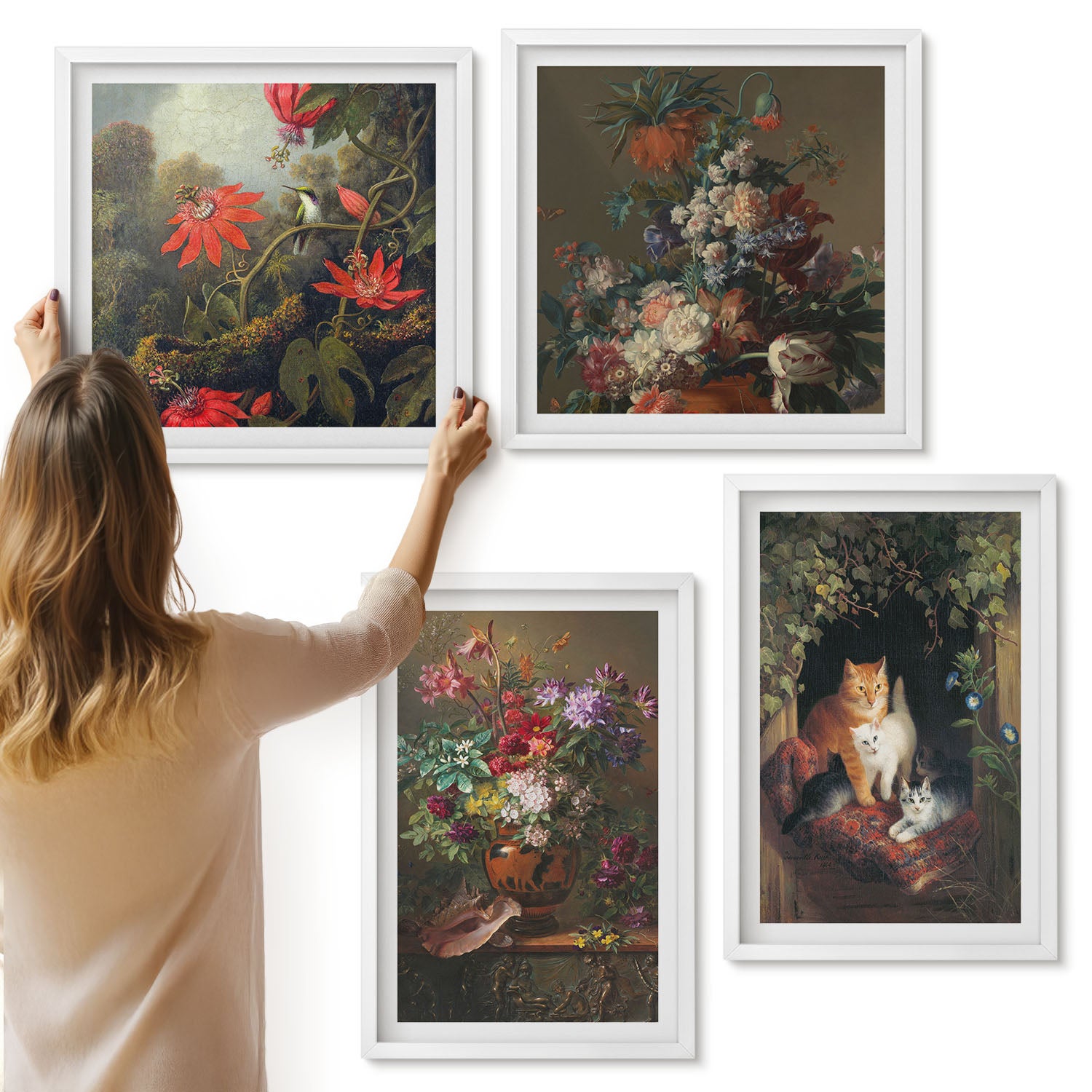 Galeria ścienna 4-częściowy komplet obrazów w białych ramach - Vintage kwiaty koty i rośliny w naturze - ArtPrintCave