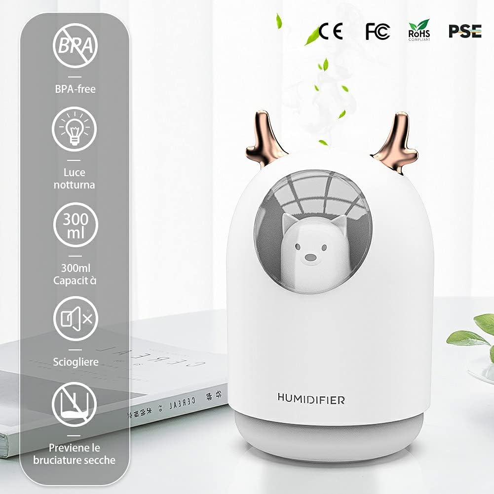 Cichy ultradźwiękowy nawilżacz powietrza do pokoju dziecięcego, 7 kolorów światła, automatyczne wyłączanie po 12 godzinach, 300 ml, USB, biały