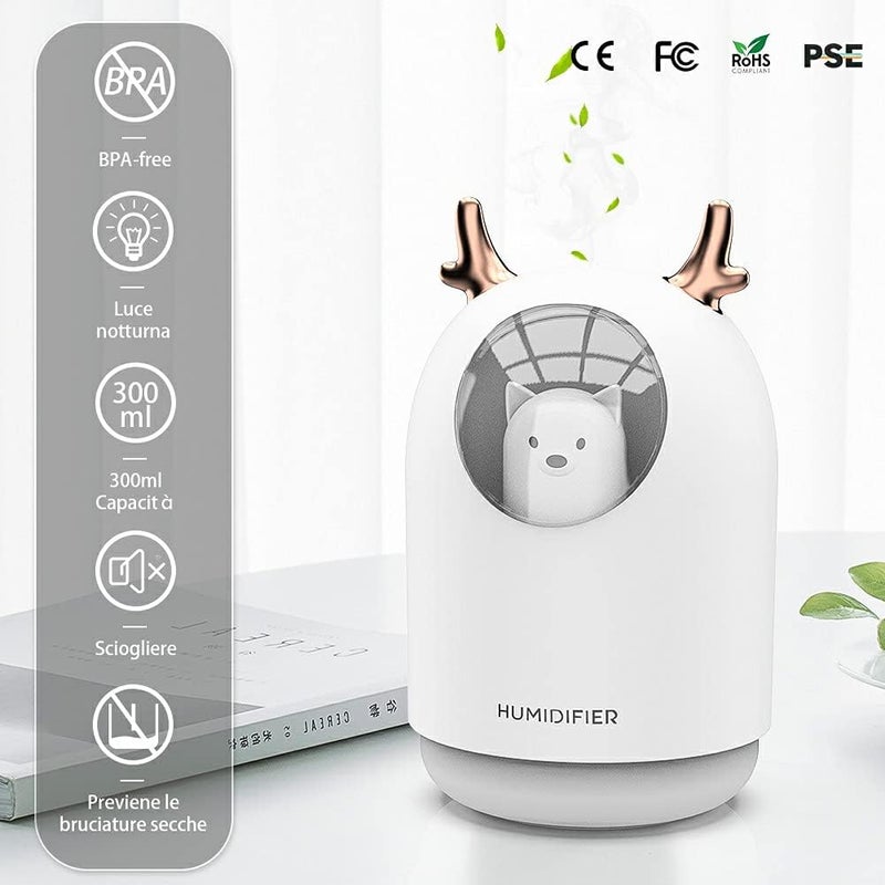 Cichy ultradźwiękowy nawilżacz powietrza do pokoju dziecięcego, 7 kolorów światła, automatyczne wyłączanie po 12 godzinach, 300 ml, USB, biały
