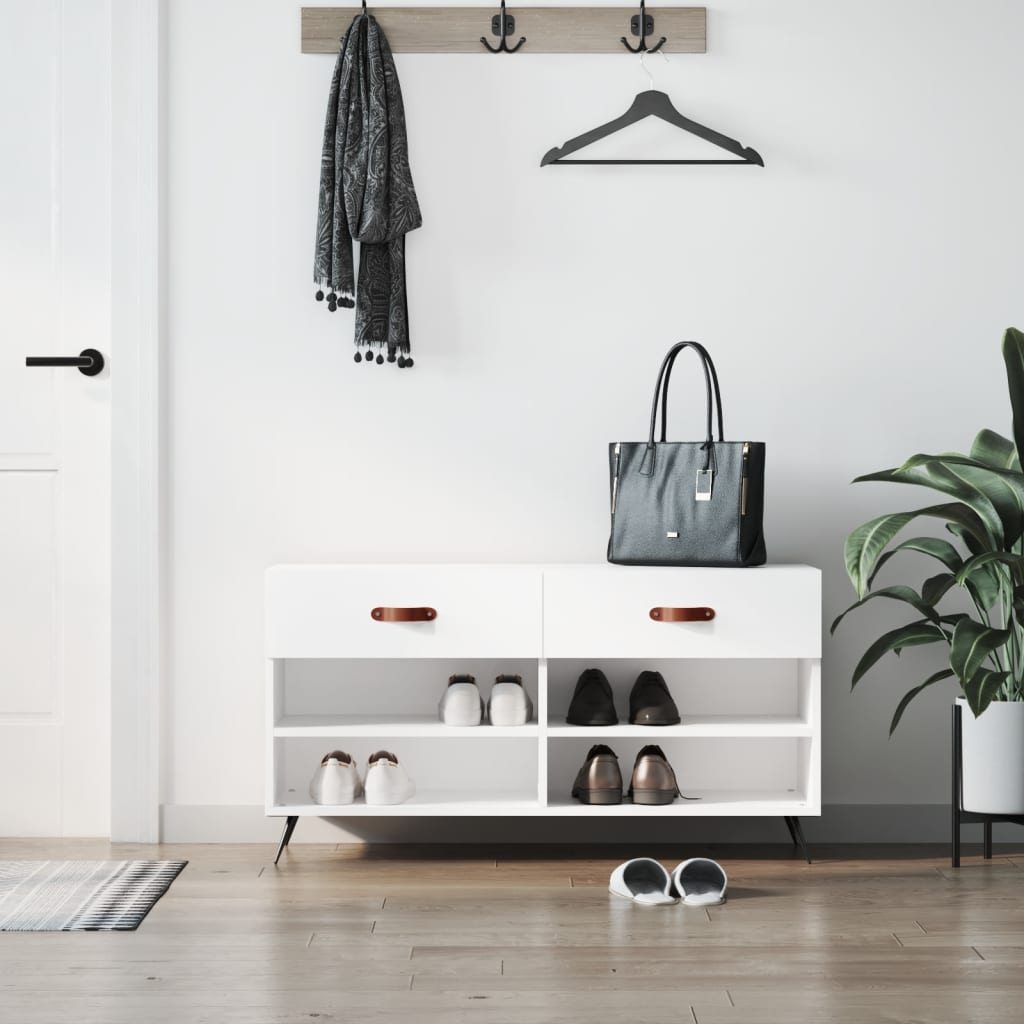 vidaXL Ławka z miejscem na buty, wysoki połysk, biała, 102x35x55 cm