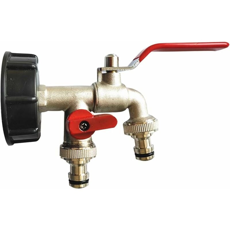 Podwójny adapter do zbiornika IBC na 1 zbiornik IBC, kran ogrodowy mosiężny S60 x 6, średnica wylotu 1/2 cala, średnica wlotu 60 mm