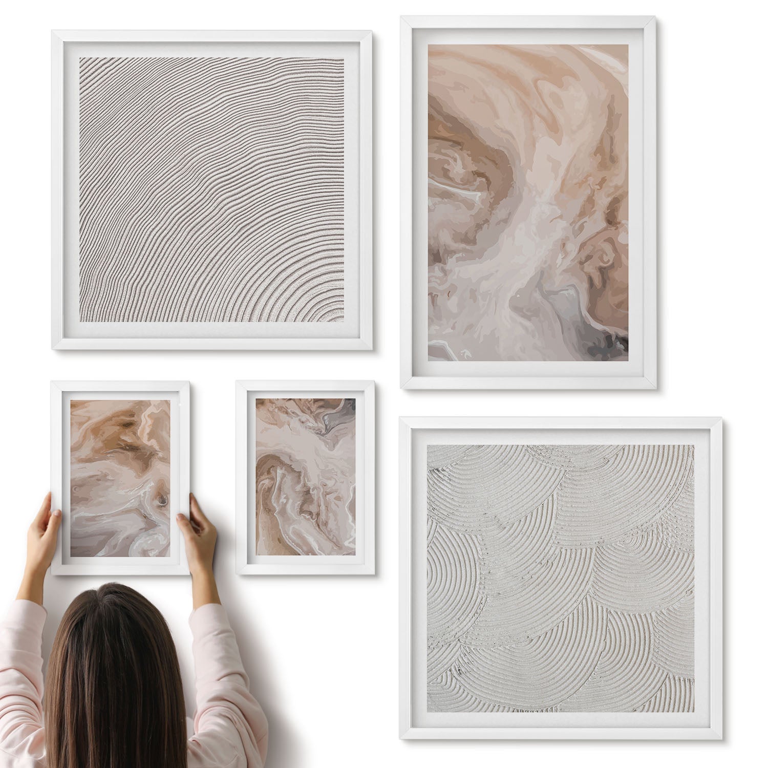 Galeria ścienna 5-częściowy komplet obrazów w białych ramach - Marmurowe wzory abstrakcyjne tekstury kamienia - ArtPrintCave