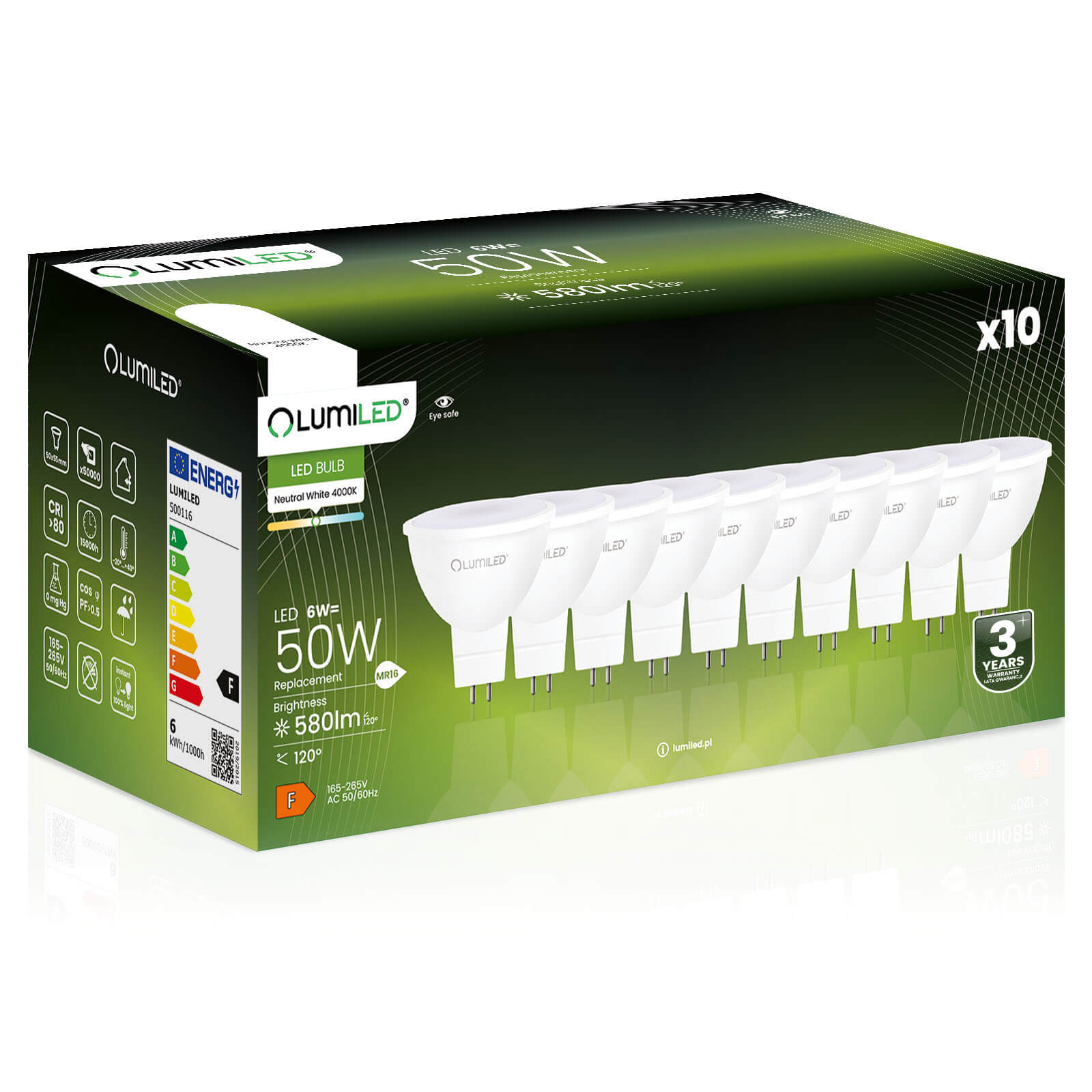 10x Żarówka Lumiled LED GU5.3 Reflektor MR16 6W = 50W 580lm 4000K Neutralna 120st