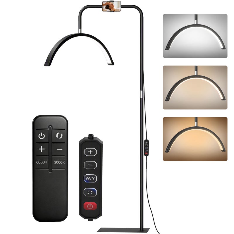 Obrotowa lampa podłogowa LED w kształcie półksiężyca o kącie 350°, ściemnialna, lampa podłogowa do salonu, 36 W, 7 temperatur barwowych, czarna