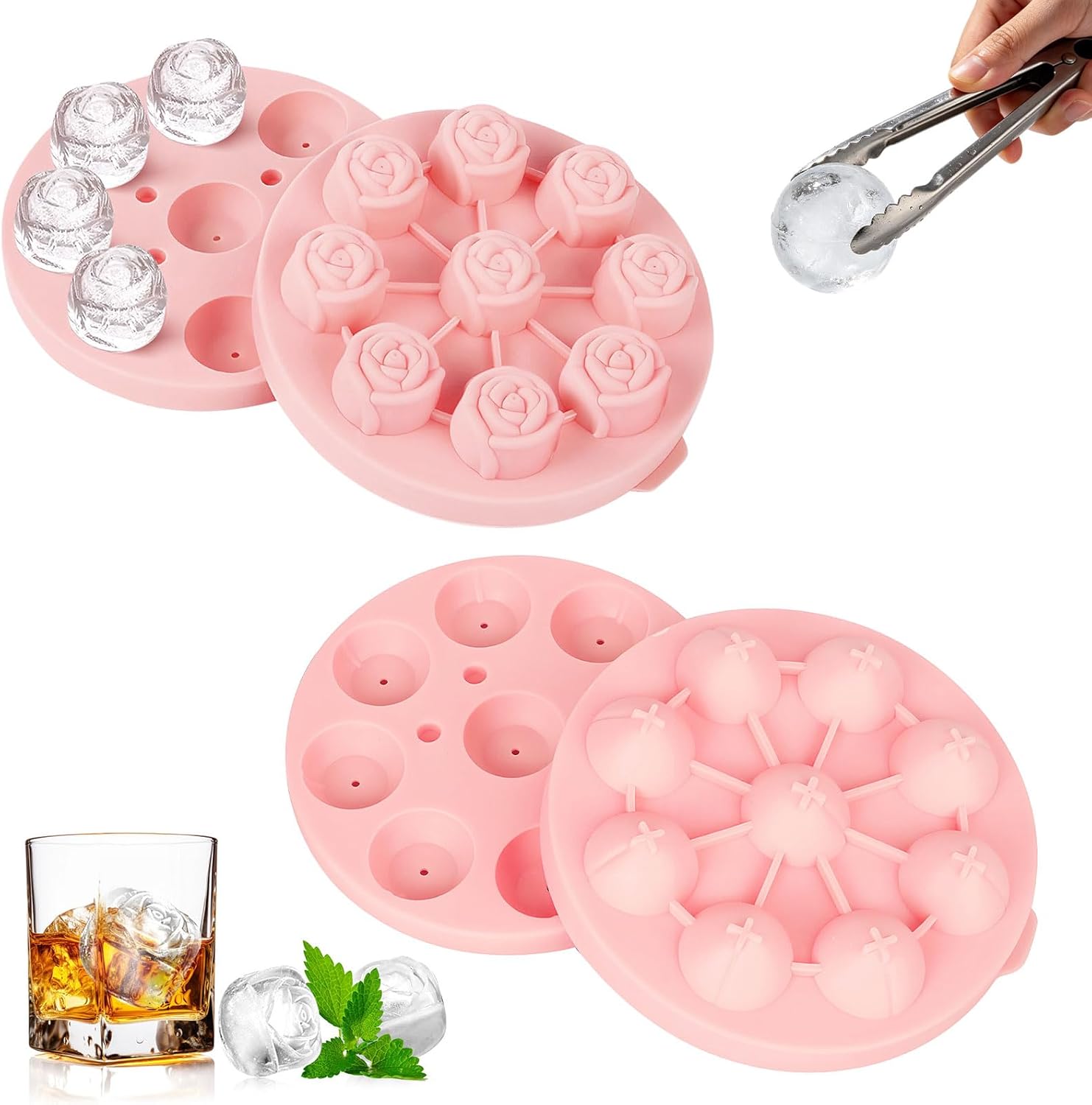 Zestaw 2 silikonowych foremek do lodu, 9 przegródek, układane w stosy, odpowiednie do koktajli, kawy, lodów, whisky (brzoskwiniowej i różanej)