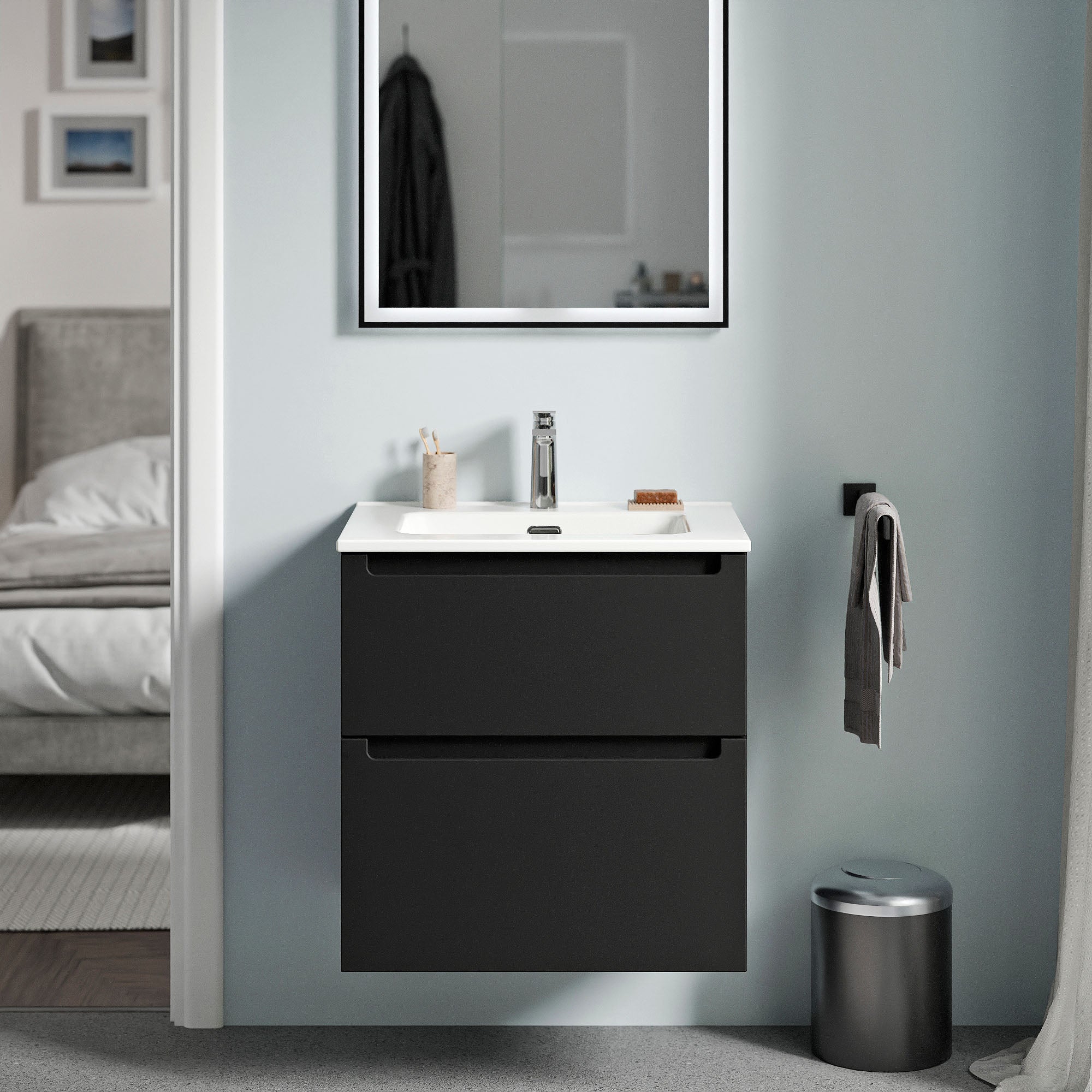 Bernstein Szafka podumywalkowa VIREO 60 cm MDF czarny mat - Umywalka ceramiczna biały połysk z otworem na baterię