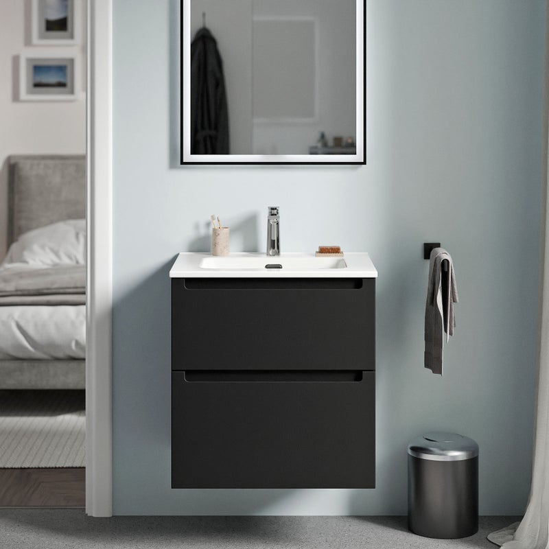 Bernstein Szafka podumywalkowa VIREO 60 cm MDF czarny mat - Umywalka ceramiczna biały połysk z otworem na baterię