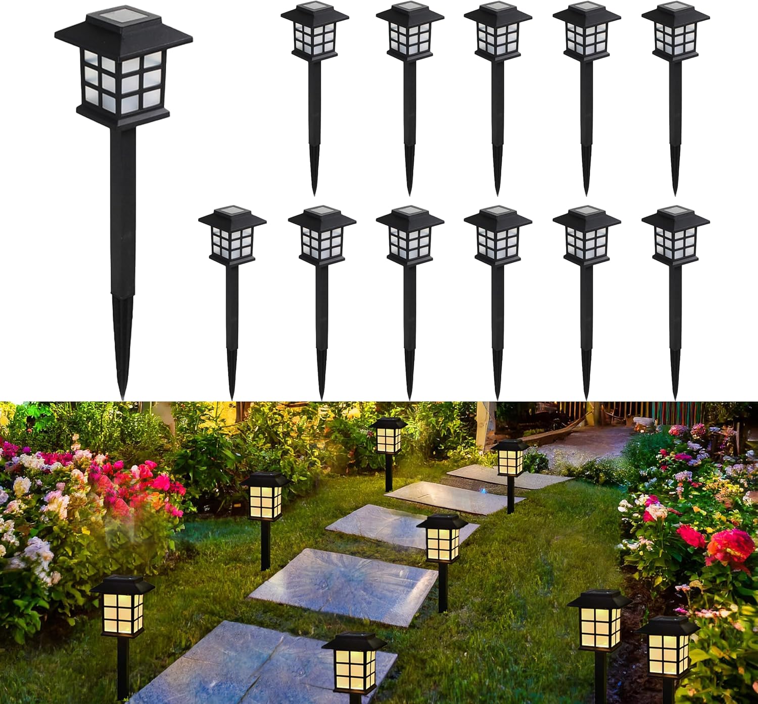 12 lamp solarnych na patio, do ogrodu, willi, domu i podwórka: Dekoracyjne oświetlenie solarne do użytku zewnętrznego, ciepłe światło