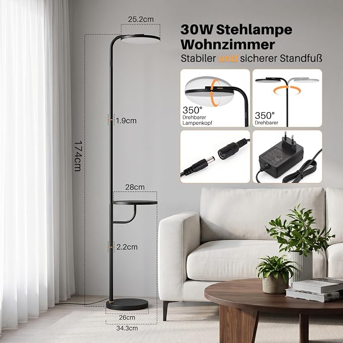 NETTLIFE Lampa podlogowa LED 30W Czarny 174cm pilot sciemnialna 3000K-6500K do salonu/sypialni