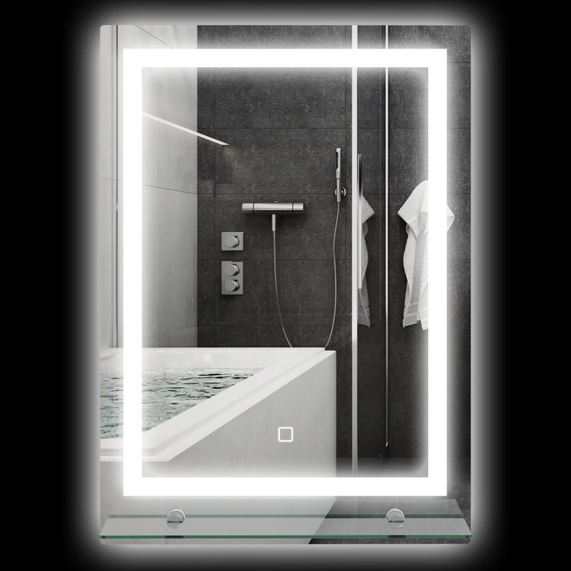 Lustro łazienkowe LED regulowane w 3 kolorach z półką szklaną, 50 x 12 x 70 cm, srebrne