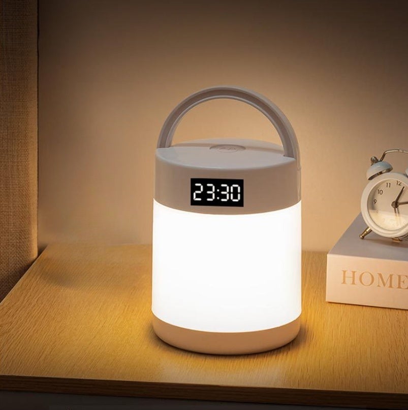 Lampka nocna z zegarem, lampka nocna, lampka stołowa, ładowana przez USB, lampa kempingowa
