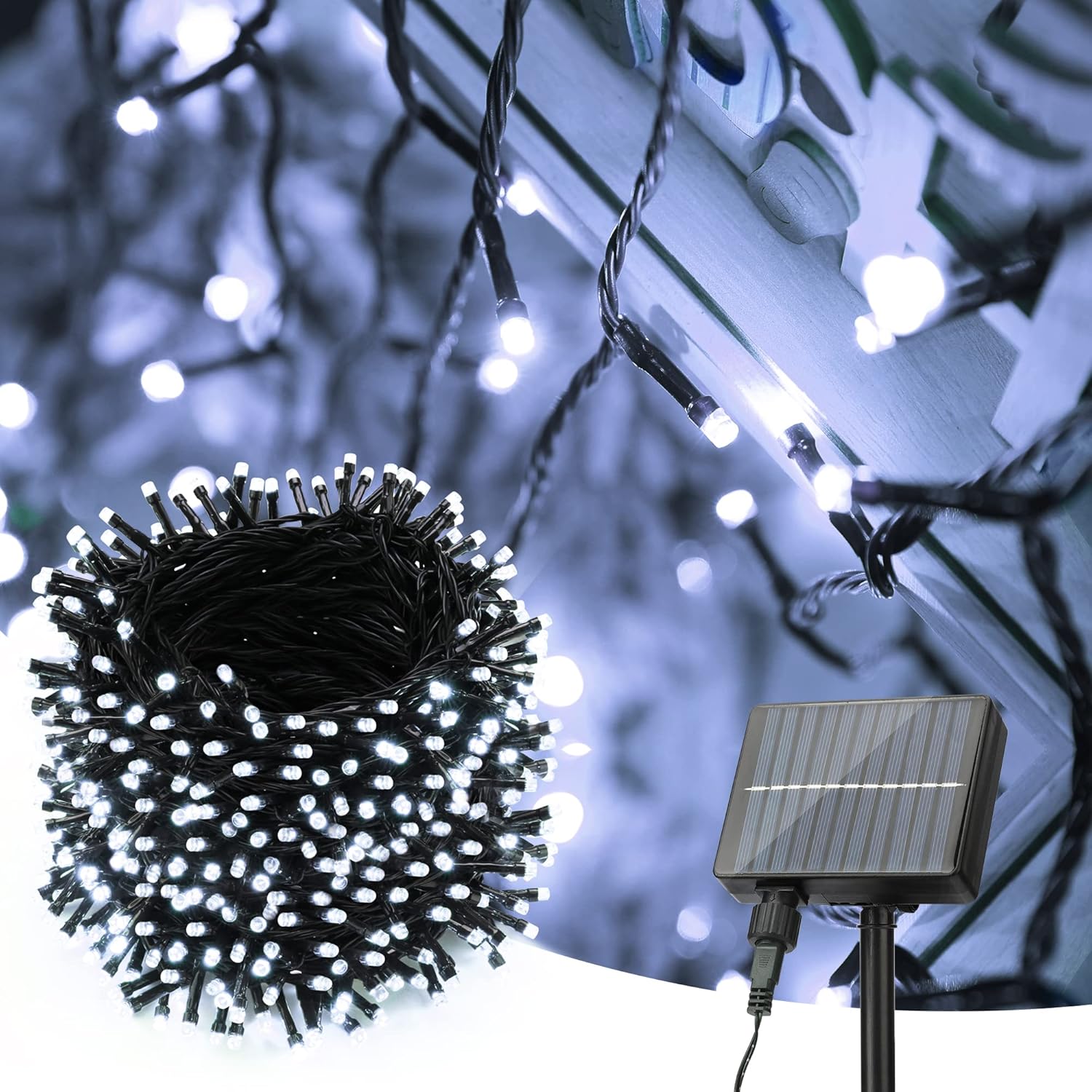 Oświetlenie solarne zewnętrzne, 52 metry, 500 diod LED, 8 trybów, wodoodporne, odpowiednie do ogrodów, przyjęć, wesel i dekoracji tarasów, chłodne bi